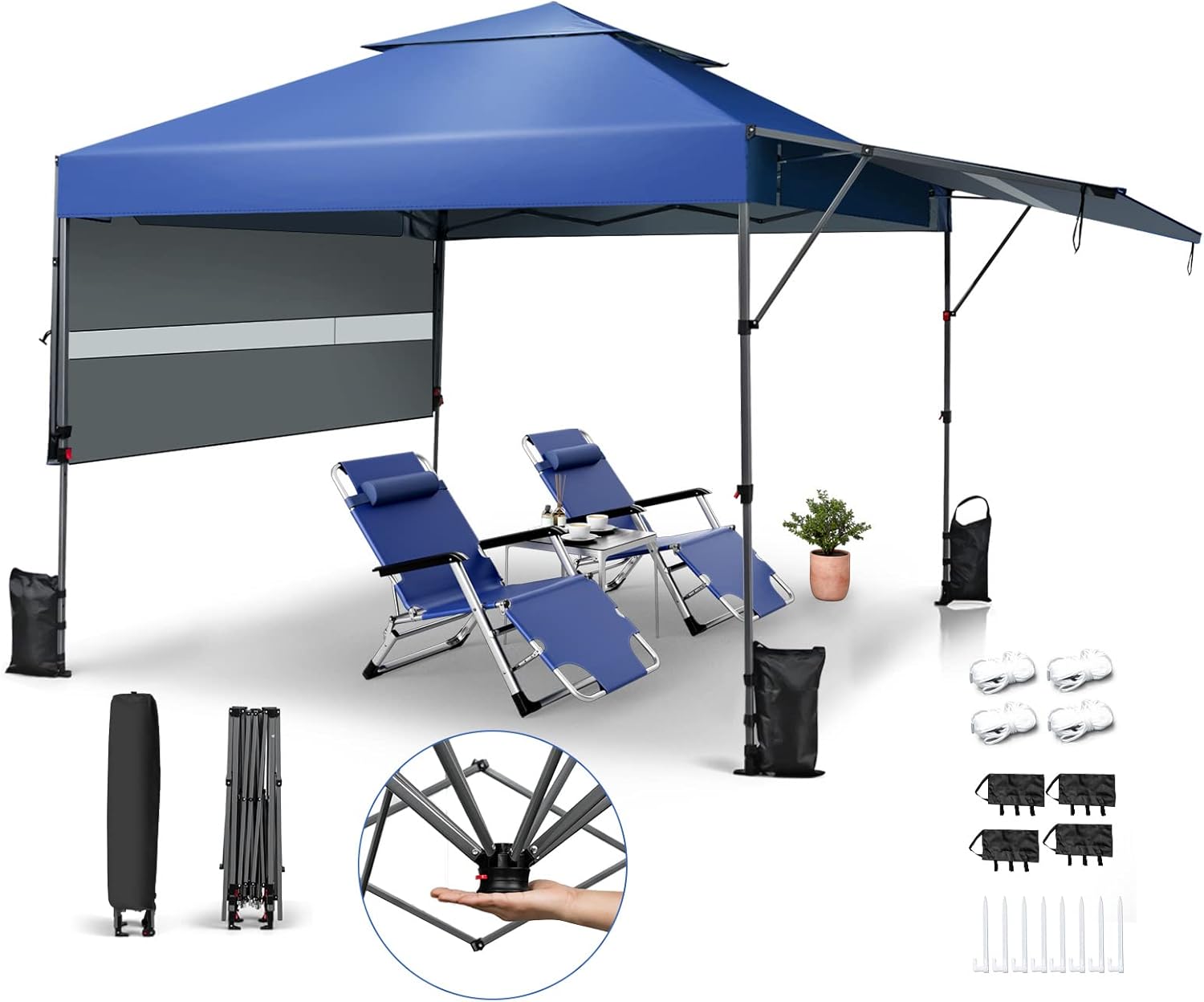 GOPLUS 3x3m Pop-Up Gazebo with extended awning, shown with two blue lounge chairs and accessories, highlighting its outdoor use and portability features.