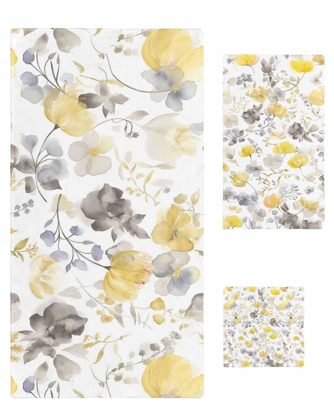 CosyBright 3 Piece Towels Set Yellow Gray Ink Floral Nature Bath Towels Set Luxury Bath Towels for Bathroom, Soft Absorbent Bathroom Towels Set (1