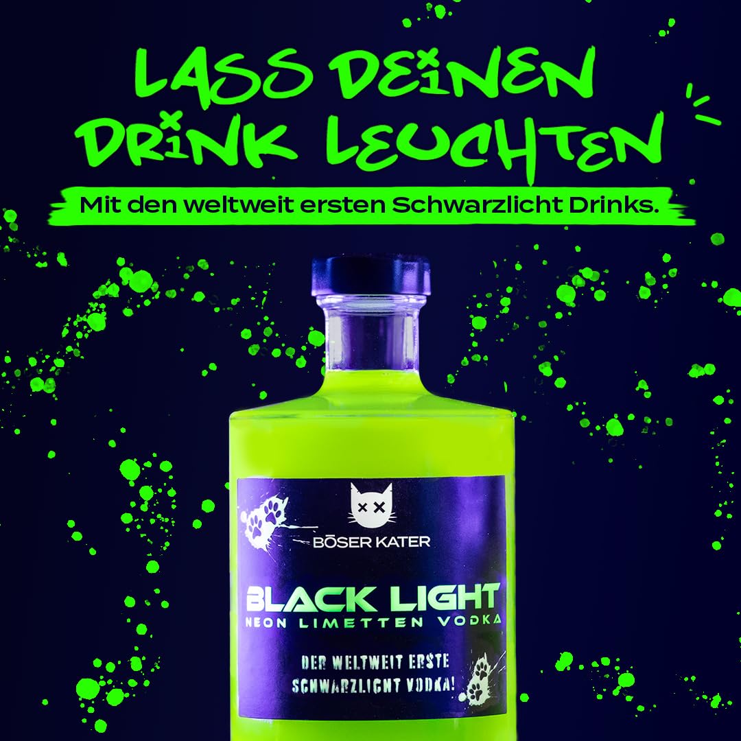 BÖSER KATER Blacklight Vodka 0,5l 40% Vol. Neon Vodka mit Leucht-Effekt Partydrink Limettengeschmack Geschenkbox