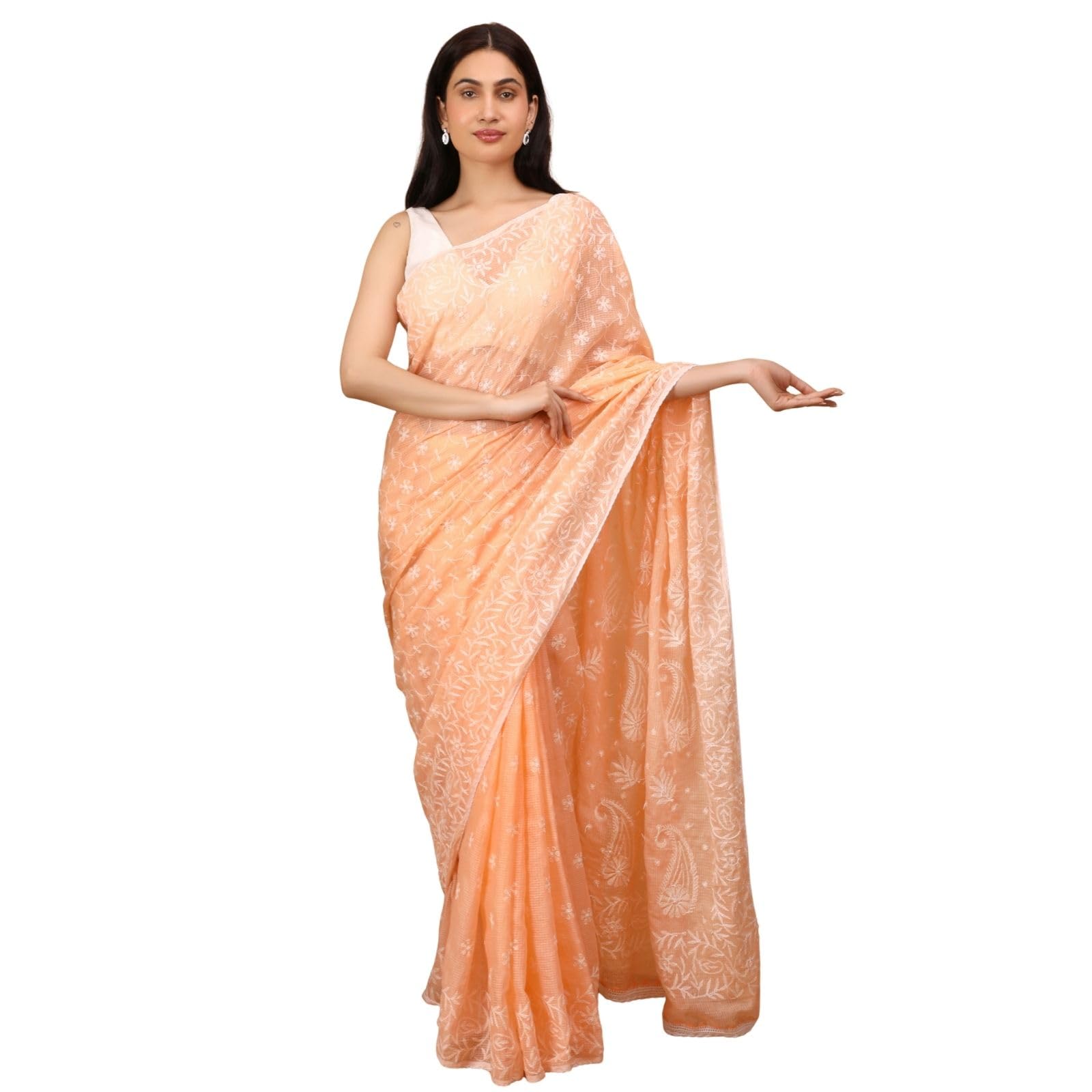 Women Peach Kota Cotton Hand Embroidered Chikankari Saree-image-21