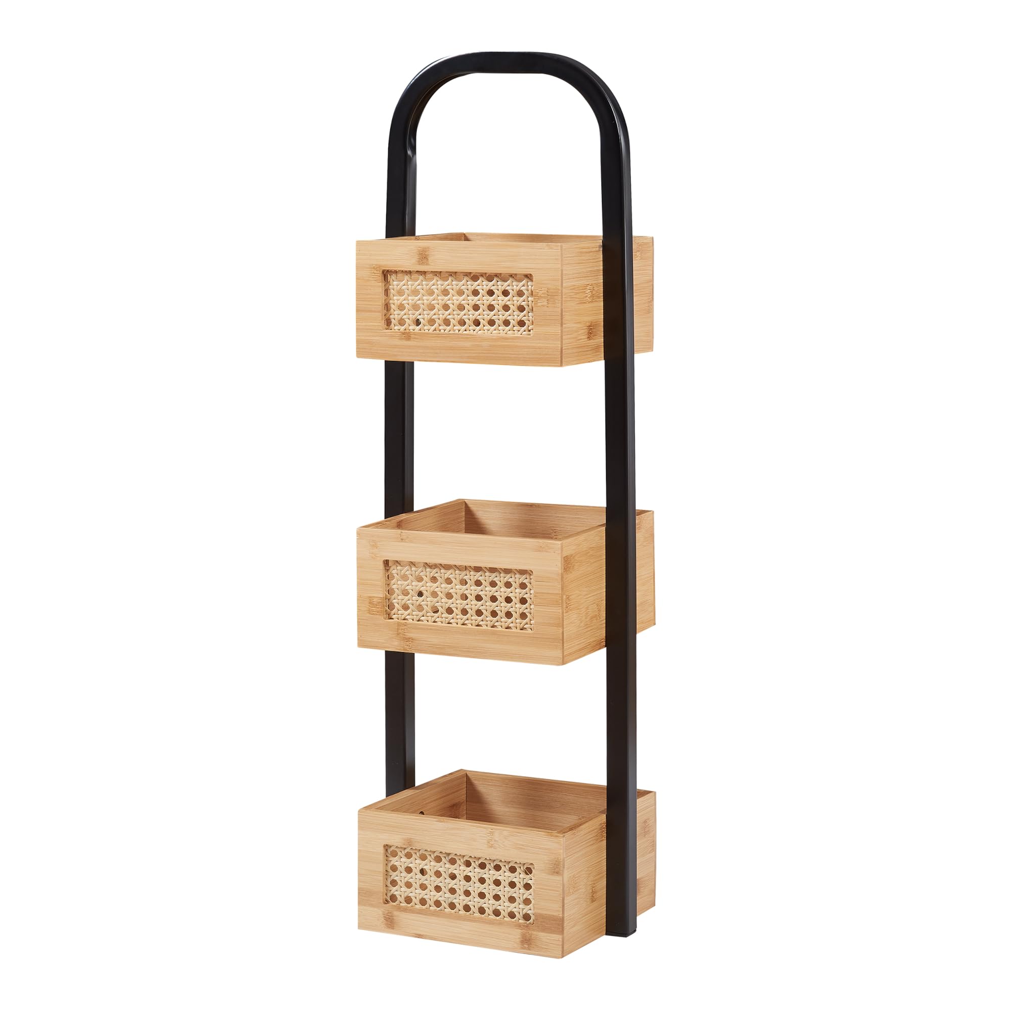 [en.casa] Estantería para Baño Tervola con 3 Cestas Mueble Baño Estantería de Pie Cocina Multiusos Versátil Resistente Metal/Bambú 73x23x19 cm - Negro/Efecto Ratán