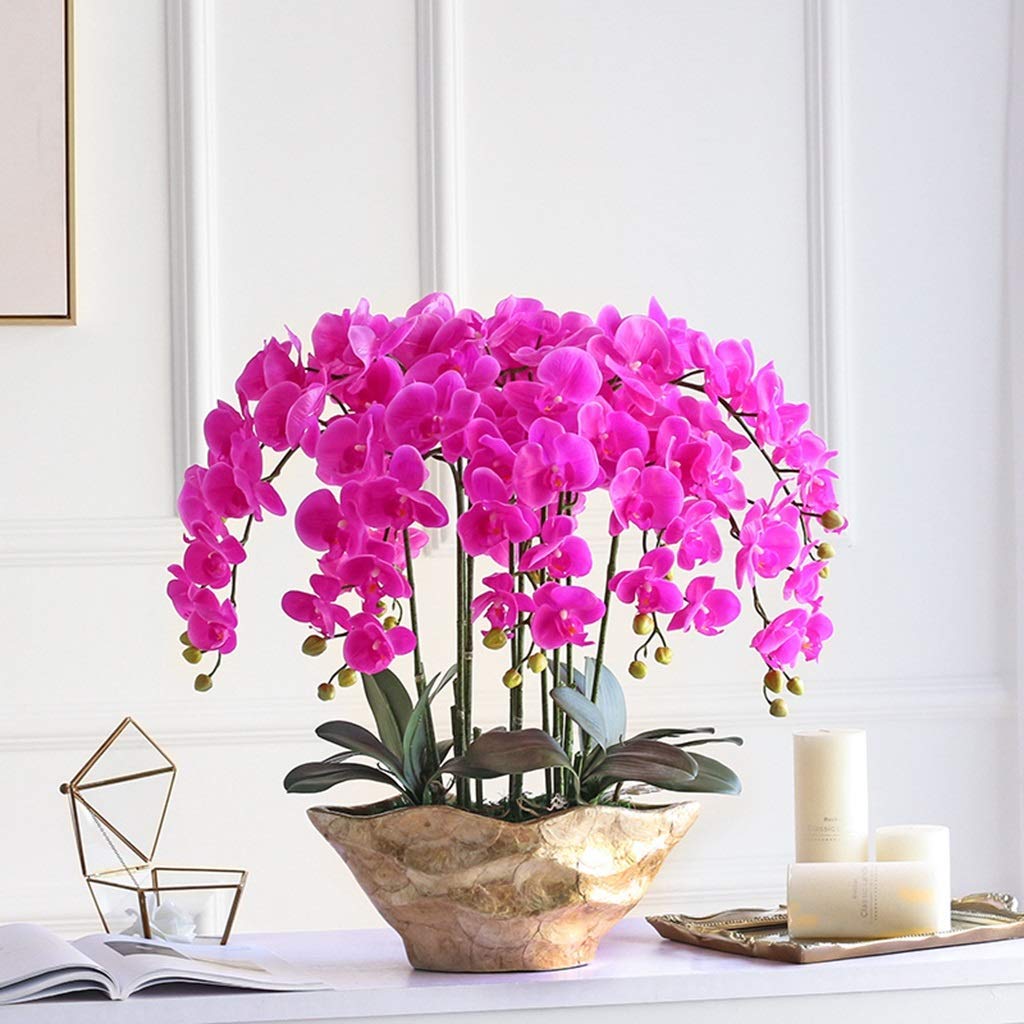 XDLEDMKIZ Artificial Flower in Pot Fake Flowers with Gold Vase Arrangement 9 Head PU Artificial Hand Phalaenops Interesting