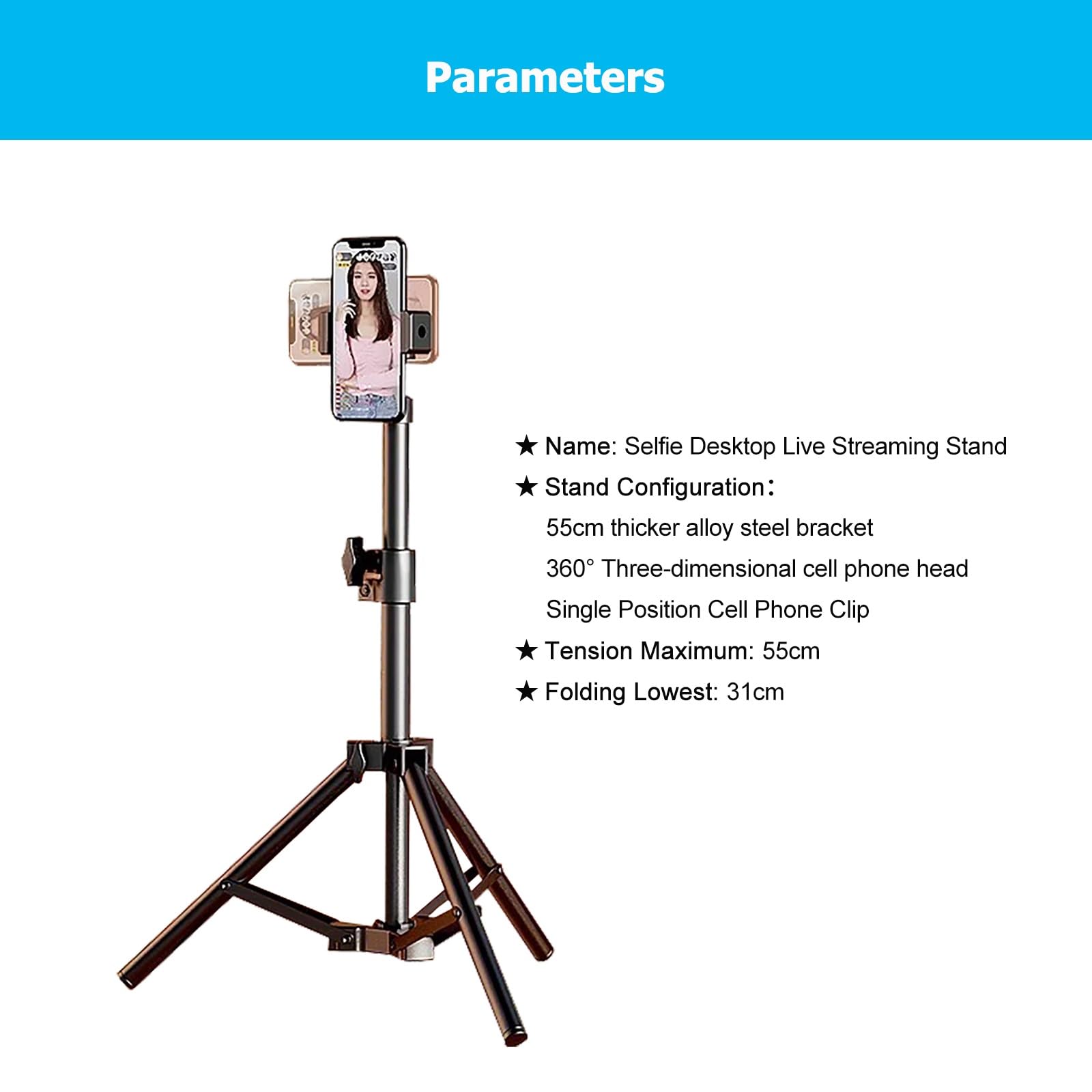 Supporto selfie live streaming Supporto per selfie da tavolo per streaming live in acciaio legato al carbonio per tutti i telefoni cellulari, treppiede per telefono live con clip per cellulare, stream