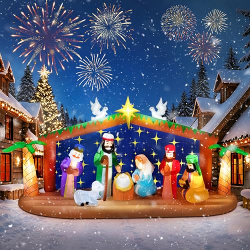 EBANKU 12FT Lungo Presepe Gonfiabile Natalizio, Decorazione Natalizia Gonfiabile per Esterni con Tema la Nascita di Gesù, per Feste, Giardino, Prato e Interni