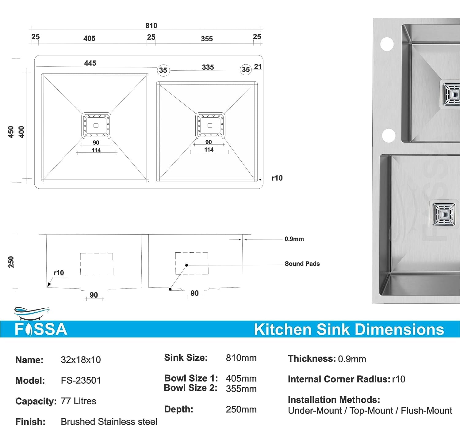 Fossa 32"x18"x10" inch Double Bowl With Tap Hole Premium Stainless Steel Handmade Kitchen Sink (Matte Finish) Silver