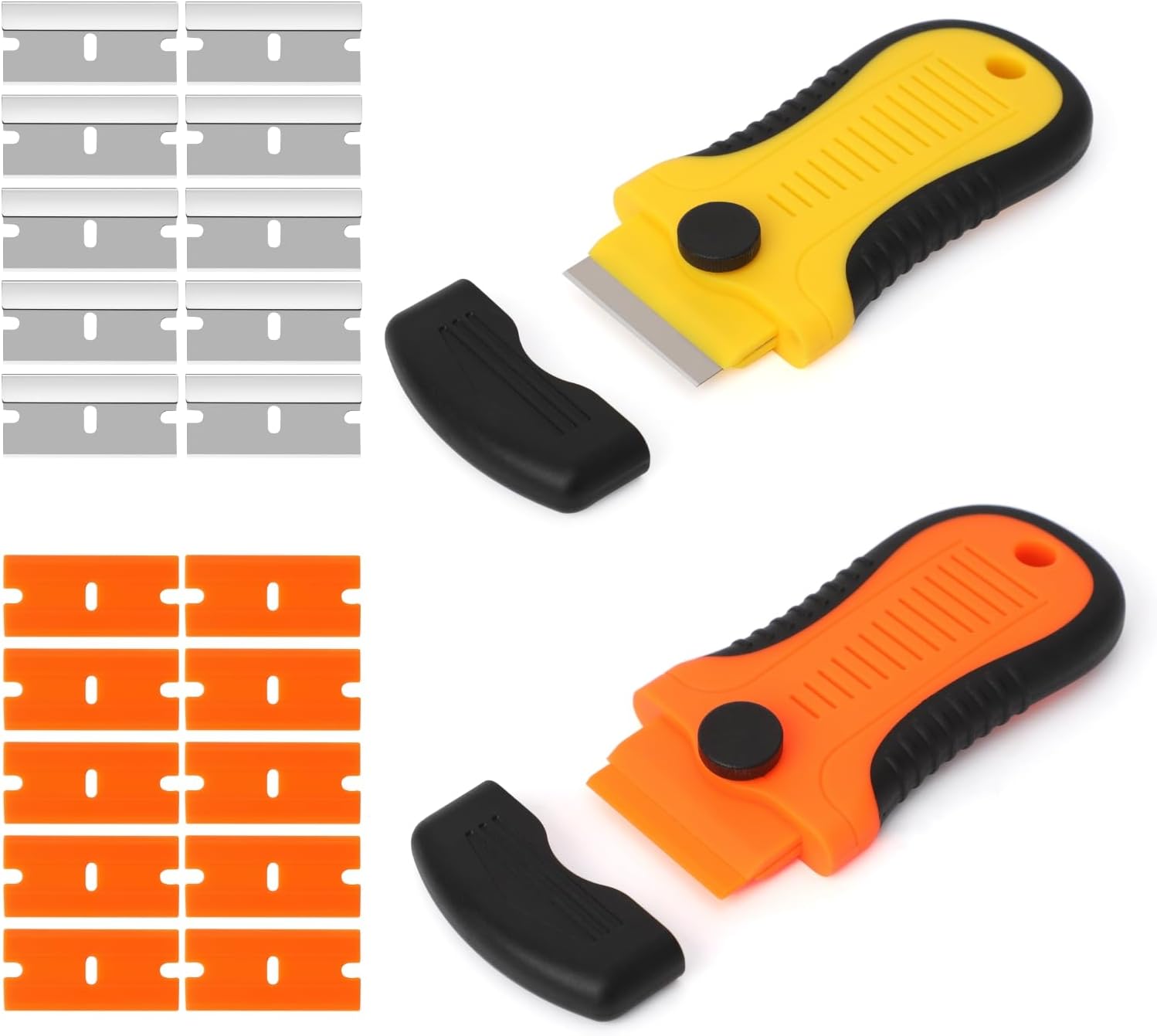 2 Pack Razor Blade Scraper Plastic Razor Blade Scraper Scraper Tool with Extra 10 Plastic Razor Blades and 10 Metal Blades for Adhesive Remover Removing Labels Stickers Taping on Glass Windows