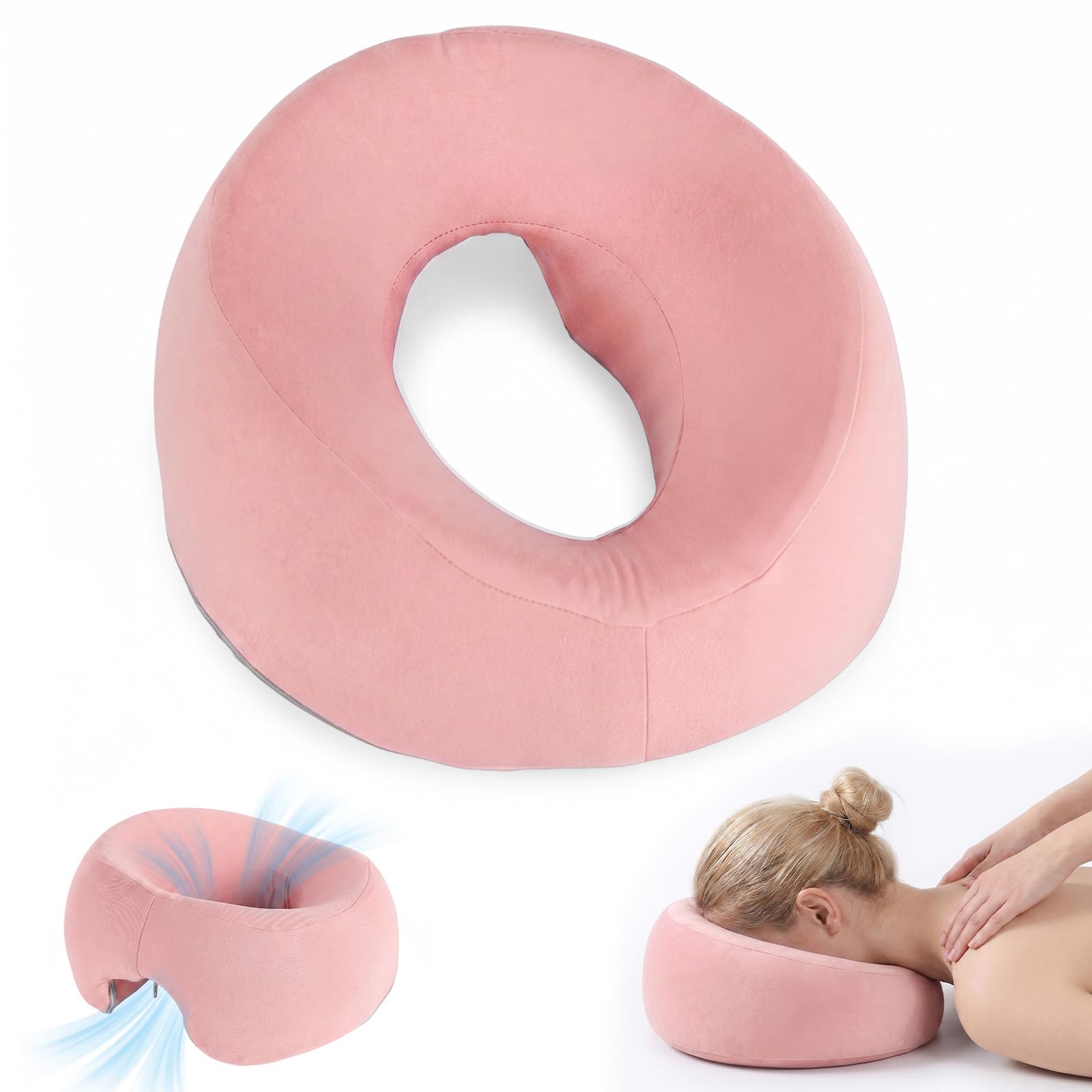 Almohada de Masaje Facial Boca Abajo con Agujero - Reposacabezas en Forma de U con Espuma Viscoelástica - Ideal para Camillas de Masaje, SPA, Salones de Belleza y Uso Doméstico（Rosa）