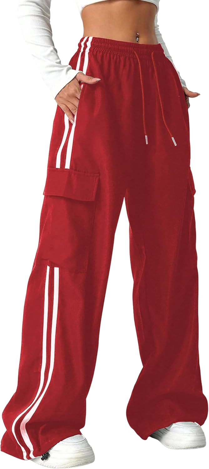 ZAFUL Womens Parachute Pants Y2K Wide Leg Cargo Sweatpants Drawstring Waist Jogger Pants with Pockets