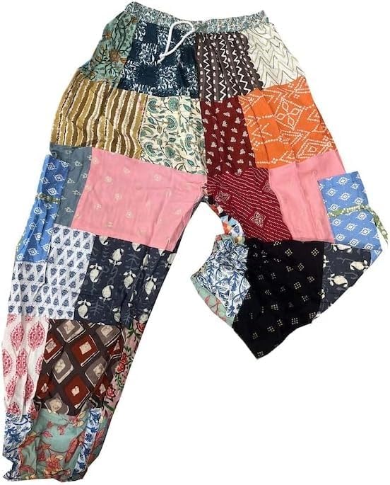 YILLE Boho Patchwork Harem Pants for Women, Casual Loose Fit Hippie Yoga Joggers with Pockets, Bohemian Lounge Comfy Palazzo
