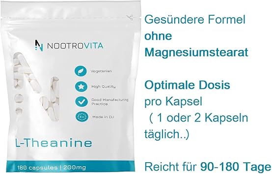 L Theanine 200mg 180 capsules for relaxation Stress reduction Sleep and concentration Vegan L-Theanine No artificial fillers Allergen Free Nootrovita