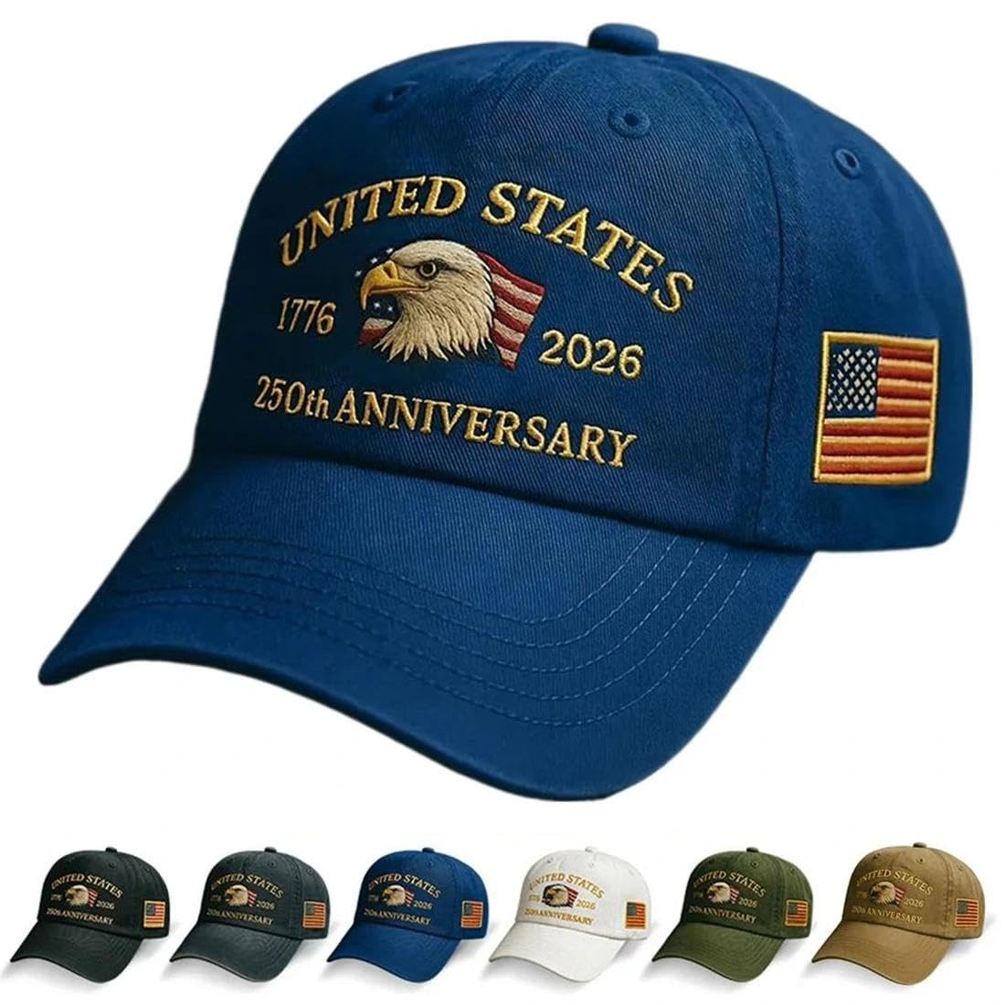 Qianyihc Men's Blue Baseball Cap For Cotton One Size, Cotton Embroidered Casual Baseball Cap, Adjustable America Eagle Hat, Us 250Th Anniversaries Hat, Unisex(Blue)