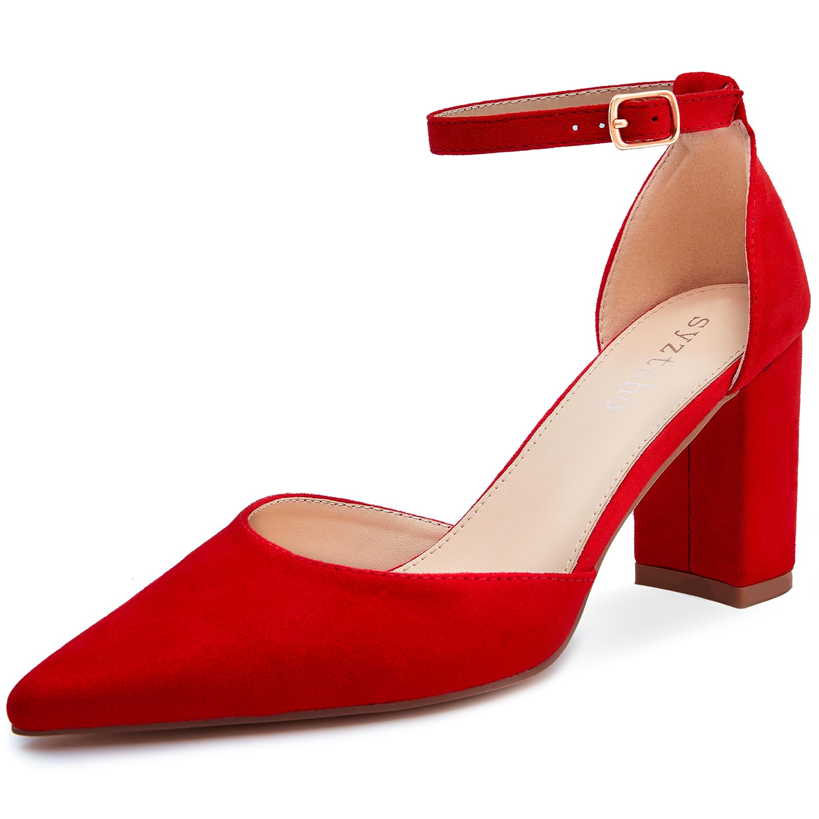 syztsho Womens Closed Pointed Toe Heels Chunky Block Pumps Ankle Strap Dress Shoes for Office Party Wedding