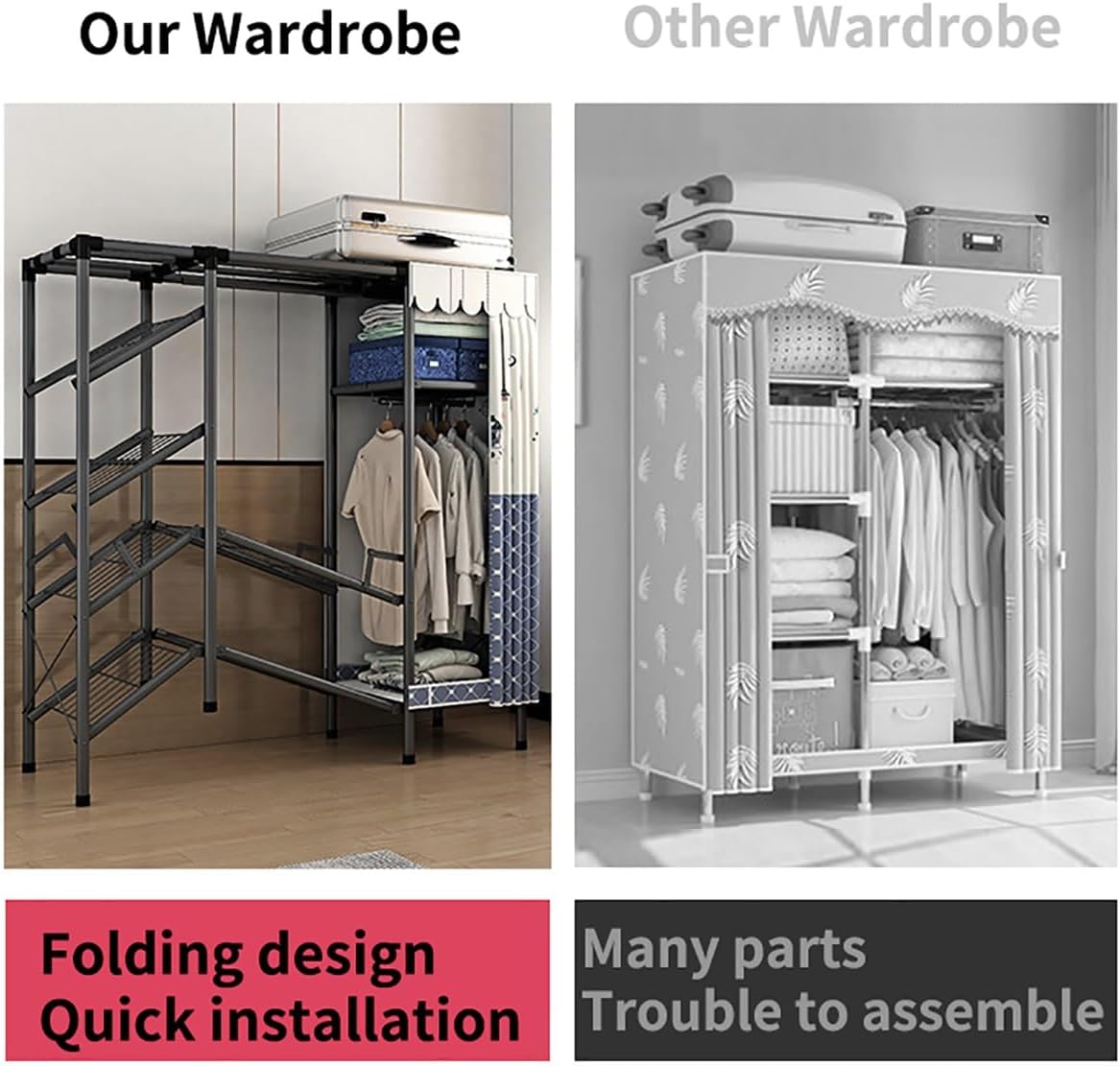 Portable Closet Wardrobe for Hanging Clothes with 6 Storage Shelves and 2 Hanging Rods Free Standing Closet Clothes Organizer for Bedroom, Sturdy and Easy Assemble (Color : C, Size : 148x4