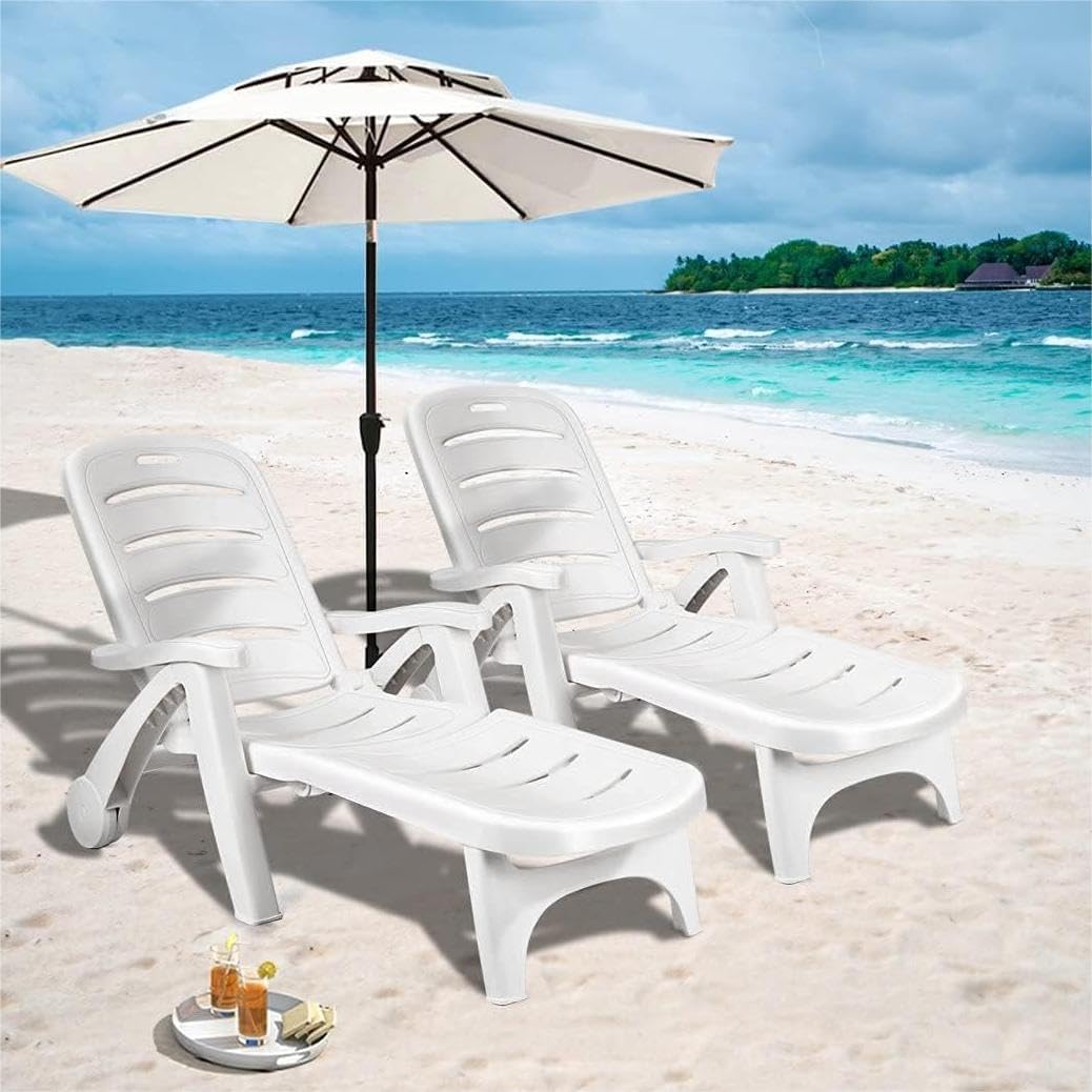 Moccha Plastic Folding Lounge Chair, 5-Position Adjustable Chaise Lounge with 2 Rolling Wheels, Armrest, Outdoor Chaise Chair for Patio, Beach, Backyard, Poolside, Home (2, White)