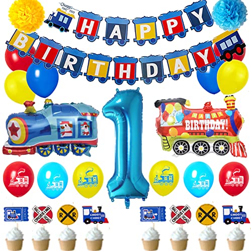 Image of Train 1st Birthday Decorations Boys Train, 1 Years Old Birthday Party Supplies With Number 1 Foil Balloons Train Birthday Banner,Latex Balloons, Cake Topper, For Kids Train Birthday Party Decoration