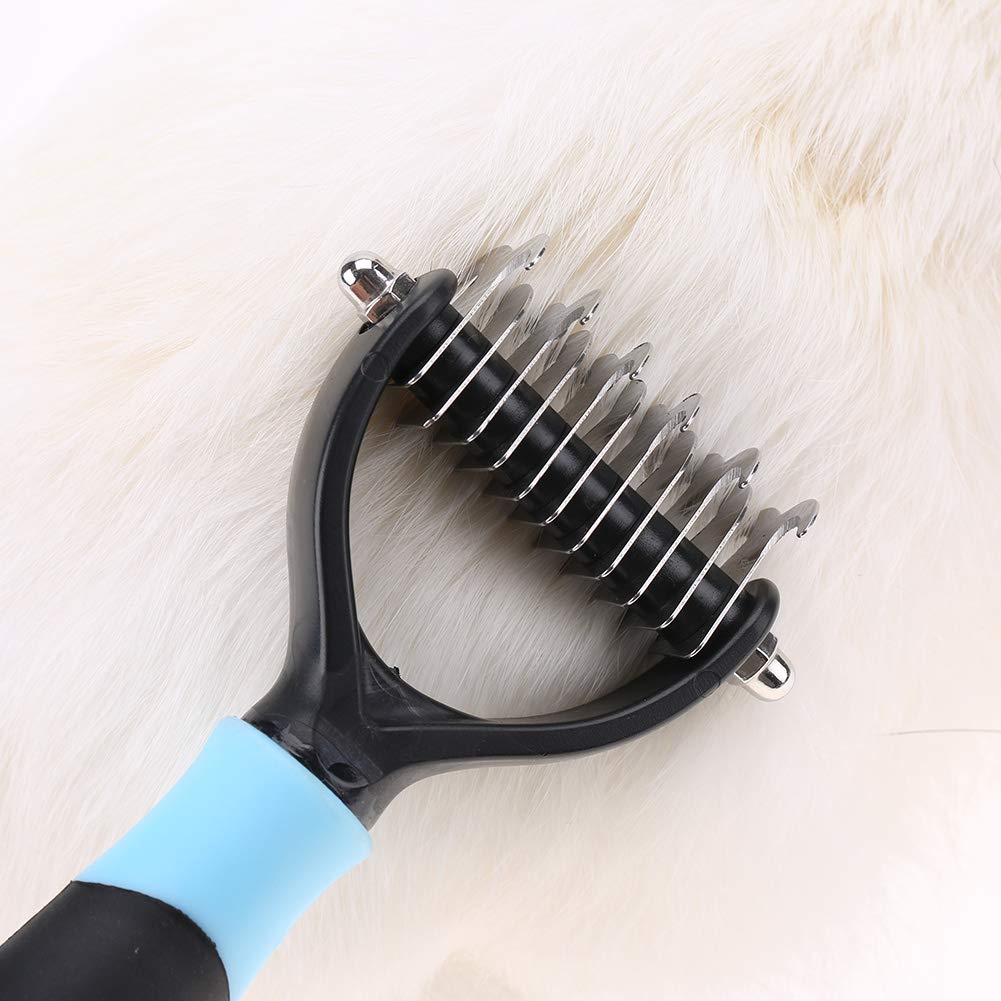 Dematting Comb Tool – dwustronna grabka do usuwania kolców i zaplątanych sierści u kotów i psów, profesjonalna szczotka antykolczasta (kolor niebieski)