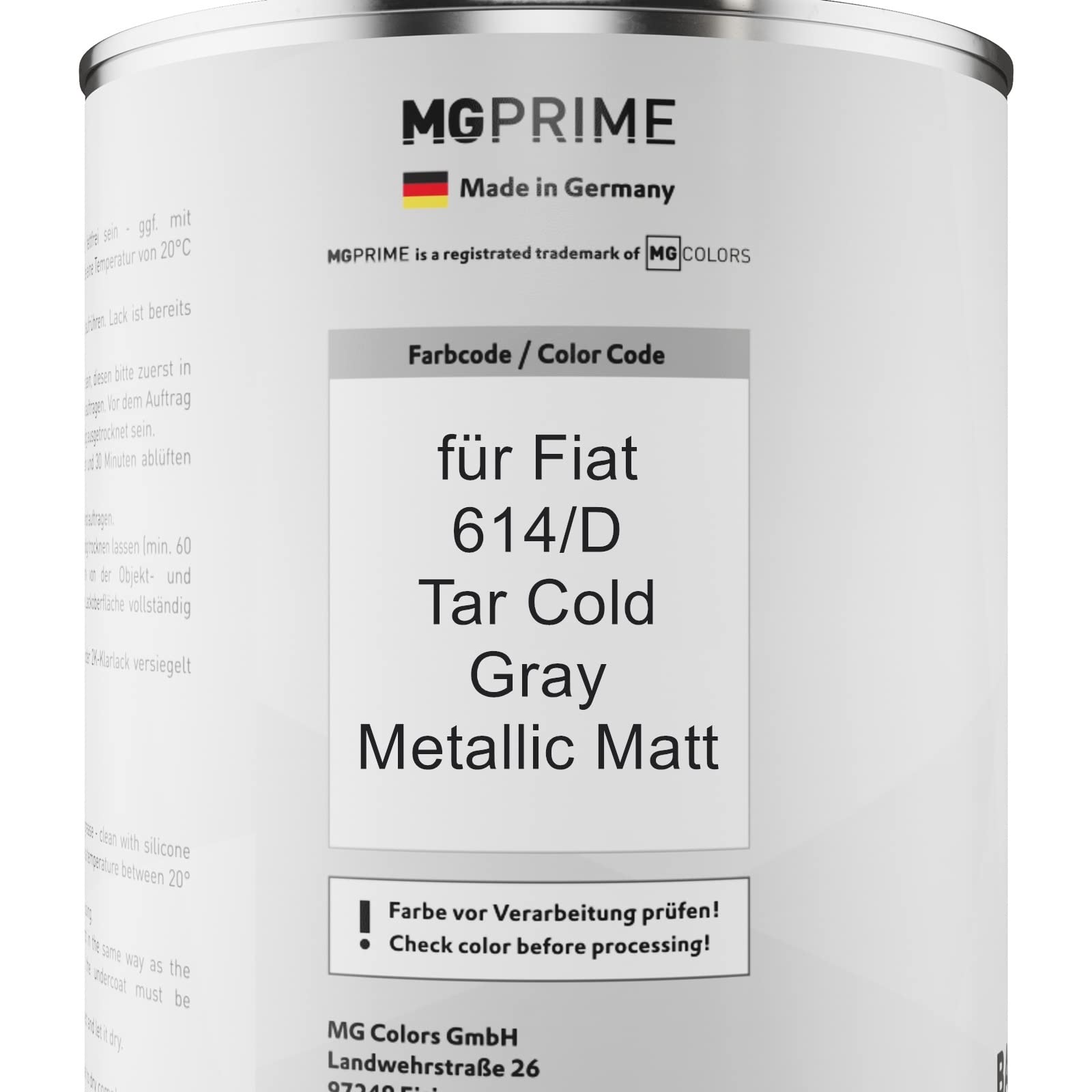 MG PRIME Lakier samochodowy Zestaw puszek dla Fiat 614/D Tar Cold Gray Metallic Matt Lakier bazowy 2K Utwardzacz do lakieru bezbarwnego gotowy do natrysku 2,5L