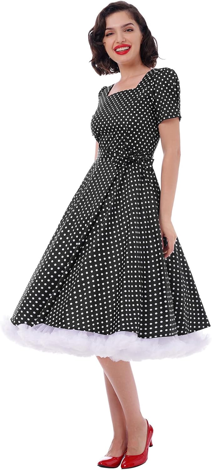 Women Vintage 50s 1950s Dress Square Neck A-line Polka Dot Rockabilly Swing Evening Party Cocktail Dresses - Image 3