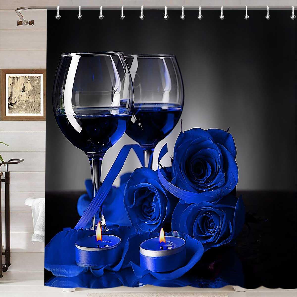 Namdeva Royal Blue Rose Shower Curtain, Romantic Valentine's Day Elegant Floral Flower Leaves Candle Wine Glass Women Girl Modern Bathroom Decor,