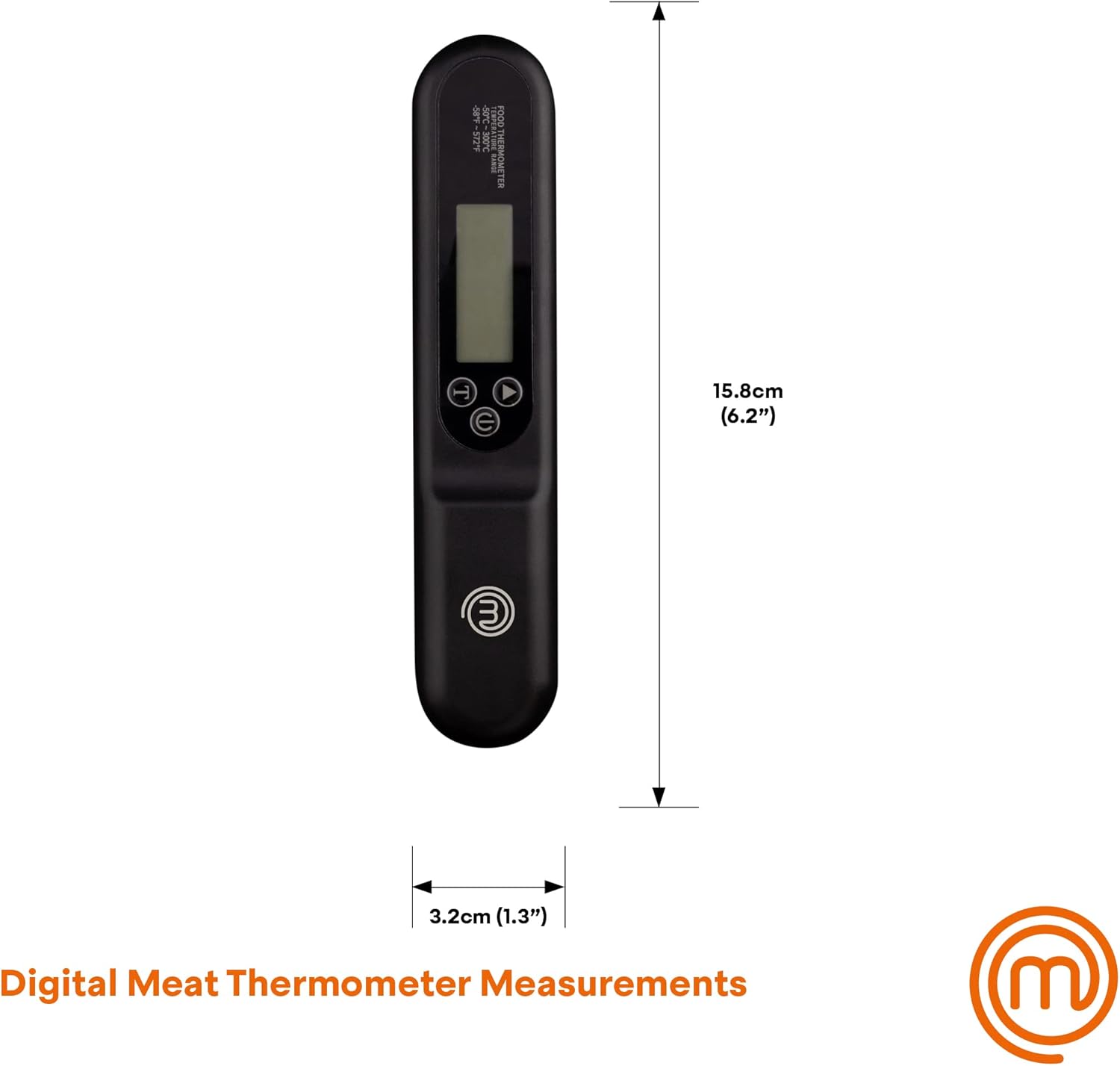 Diagram showing the dimensions of the MasterChef Digital Meat Thermometer: 15.8cm (6.2 inches) length and 3.2cm (1.3 inches) width.