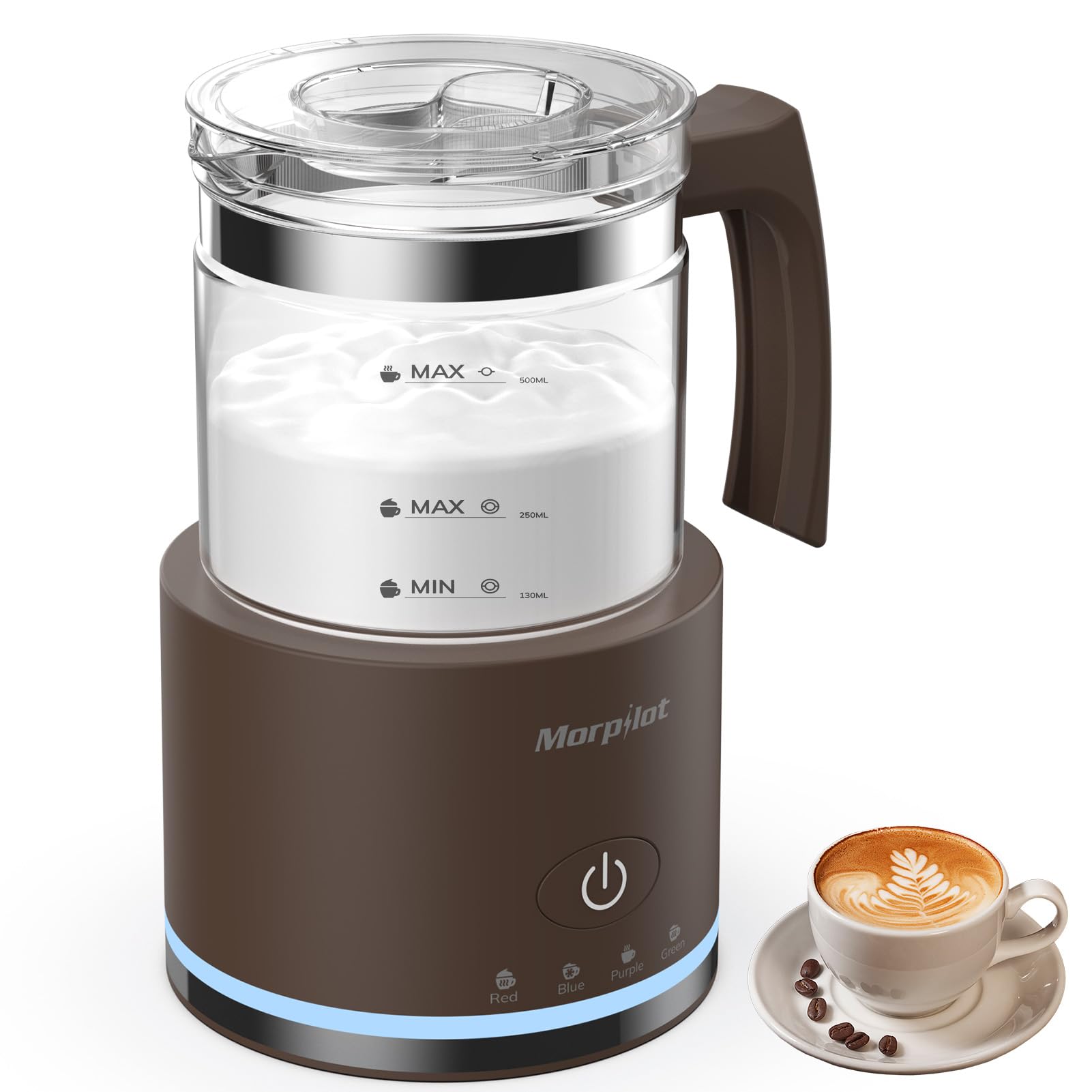 Grande montalatte elettrico e vaporizzatore, 500 ml, per latte e cioccolata calda, lavabile in lavastoviglie, senza BPA, 6 funzioni, goditi una perfetta schiuma di latte in 2 minuti (vetro bianco)