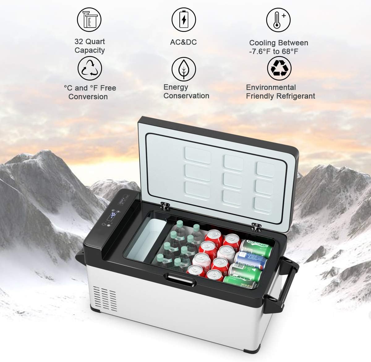 Nightcore 32 Quart (30L) Portable Car Freezer Compact Refrigerator, -13°F to 50°F, Adjustable Temperature Display, DC 12/24V, Electric Fridge Cooler for Car and Home Travel, RV, Truck, Boat, Outdoor Camping