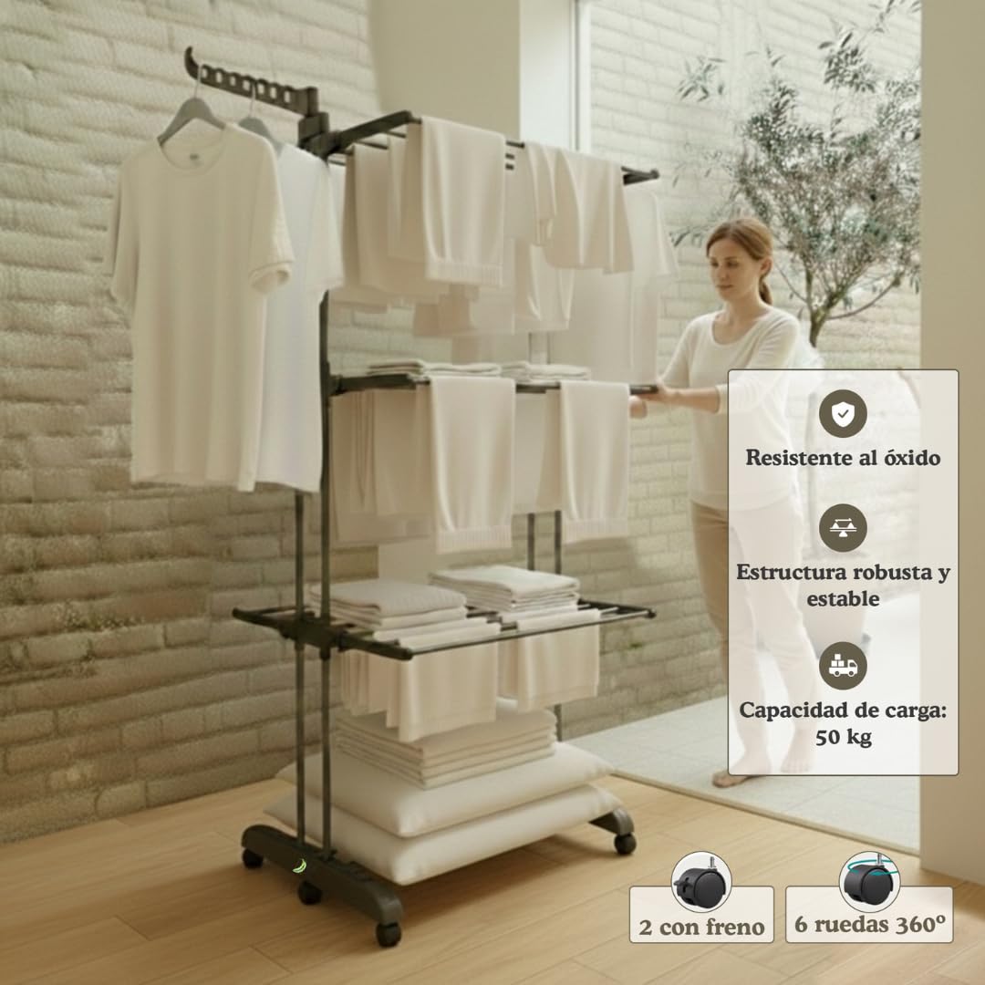 CAMBURVERDON® Tendedero Vertical Tipo Torre - Base Plegable | BASE PLEGABLE: guardado ultra compacto. Incluye 10 perchas exclusivas. Acero inox (50kg), 4 niveles y movilidad 360º.
