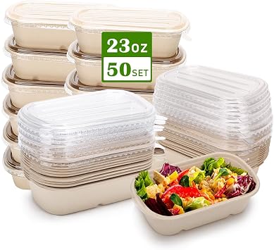 Aksipo 50 Pack 23 Oz Disposable Meal Prep Containers with Lids, Rectangle Paper Bowls with Lids for Salad,Leftovers, Leak-proof To Go Food Box Cardboard Lunch Box Compostable Take Out Food Containers