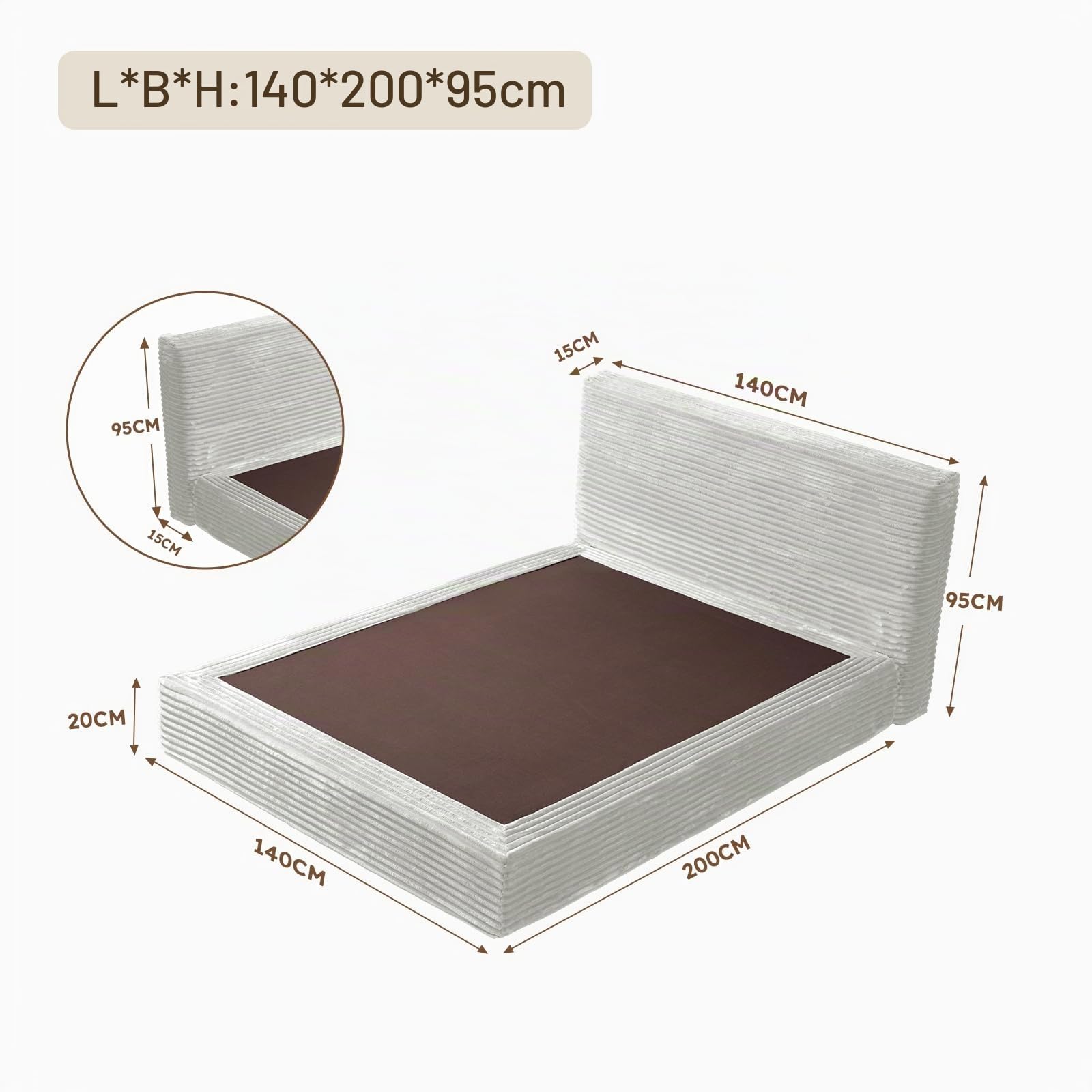 Vamcheer Schaumstoff-Bettgestell 140x200 cm (Ohne Matratze), Polsterbett mit 15cm extra Dicker Kopfteil, Geräuschloses Soft-Bett ohne Werkzeug Montage, Anti-Kollision Design, Beige