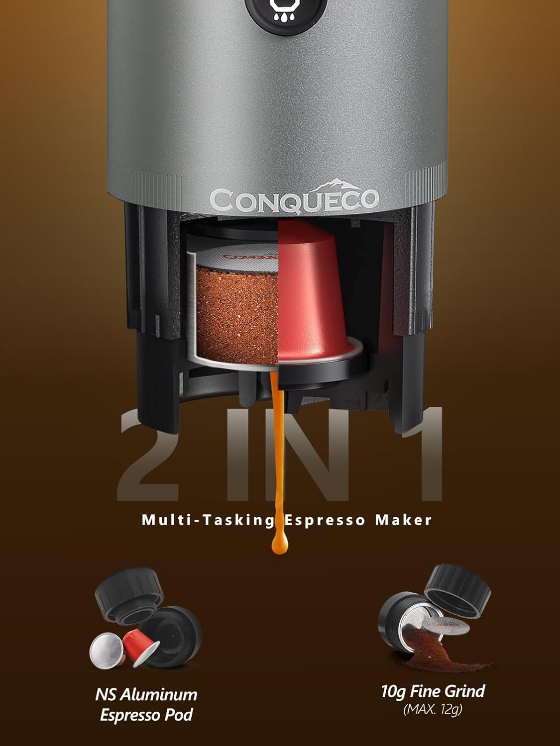 CONQUECO Kaffeemaschine Auto Espressomaschine 12v: Tragbare Akku Espresso Maker für Camping Reise - Mobile kapselmaschine Unterwegs fur Wohnmobil Lkw - 2 in 1 für gemahlenen kaffee und NS - kapseln