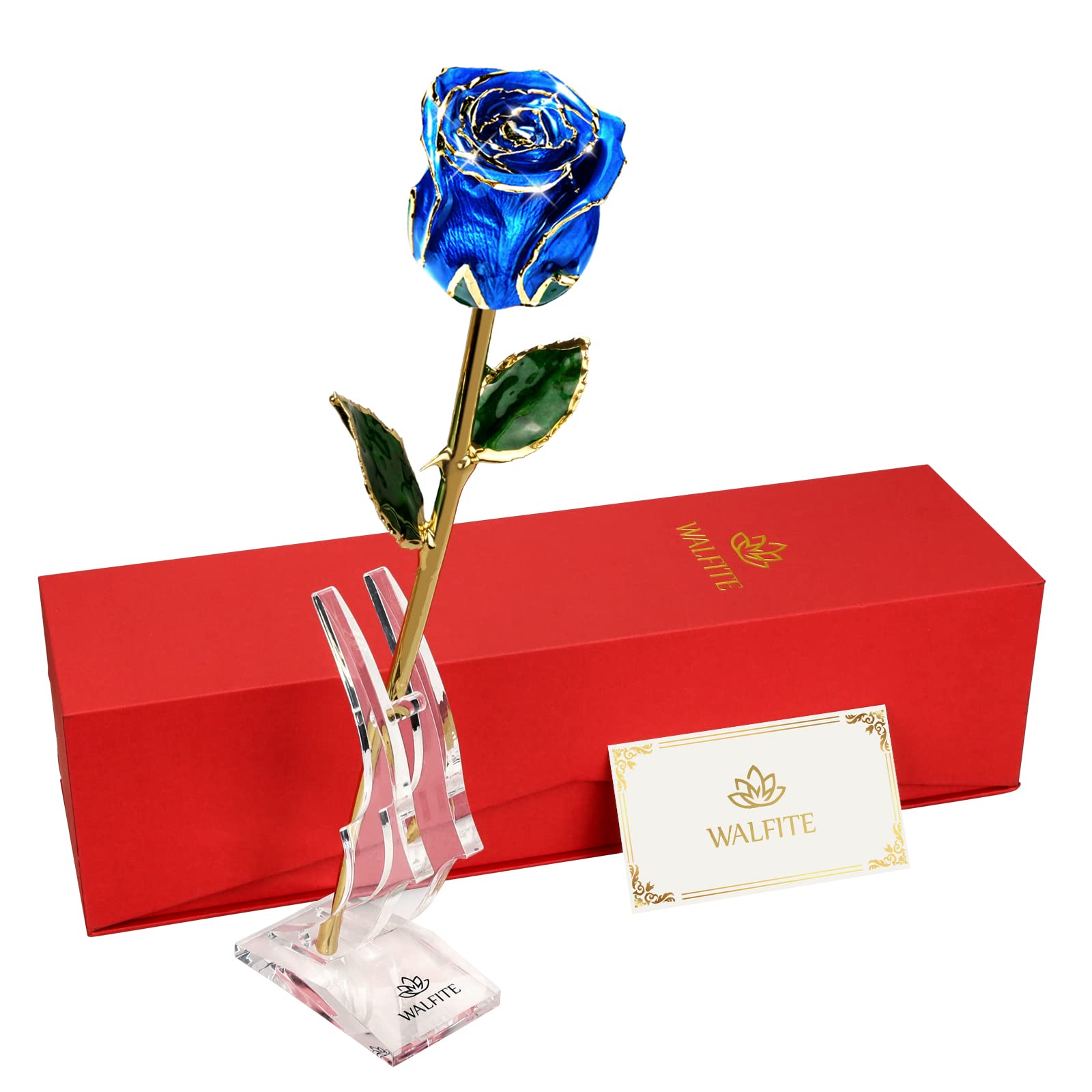 WALFITE Preserved Roses 24K Gold Dipped Rose with Stand Gifts Box,Forever Real Rose Anniversary,Birthday, Wedding, Valentines Day Romantic Gift for Her Wife Mom(Blue Rosr
