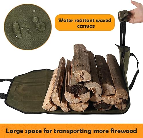 Miniatura 2 de HRX Package Bolsa Transportadora de Leña de Lona Encerada, Tote Resistente al Agua para Troncos, Bolsa para Transportar Madera con Asas para Viajes