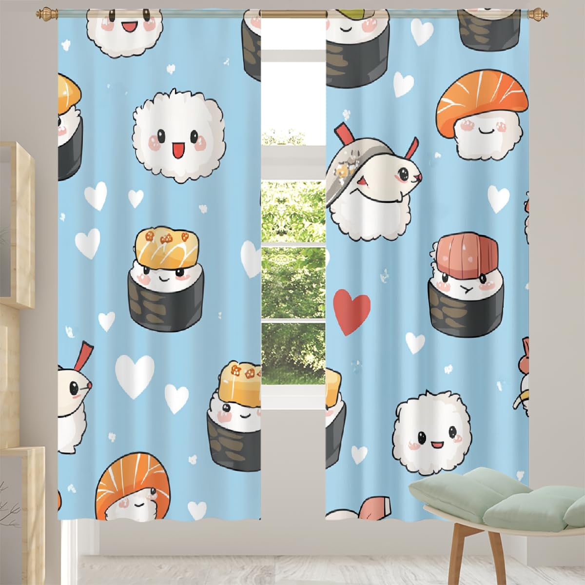 Set di 2 tende semi-velate, 140 x 213 cm, graziose tende per finestra, stile sushi, stile giapponese kawaii, con tasca per asta, per camera da letto e soggiorno