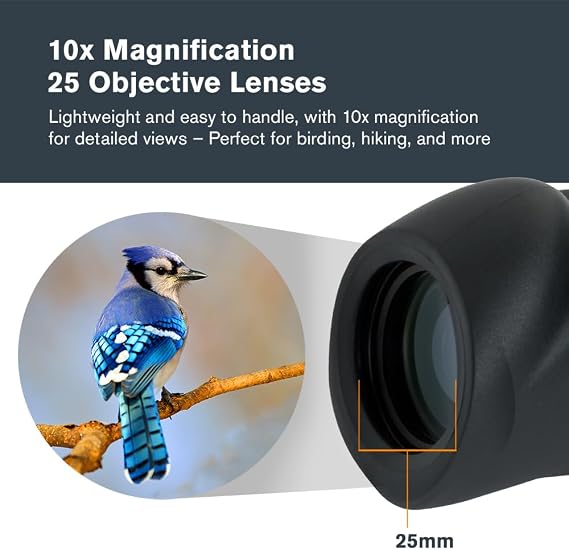 عدسة أحادية العين Celestron Nature مقاس 10x25 مثالية للمشي لمسافات طويلة ومشاهدة الحياة البرية، عدسة موضوعية متعددة الطبقات مقاس 25 مم، غطاء عين ملتوي من BaK-4 Prism مقاوم للماء والضباب