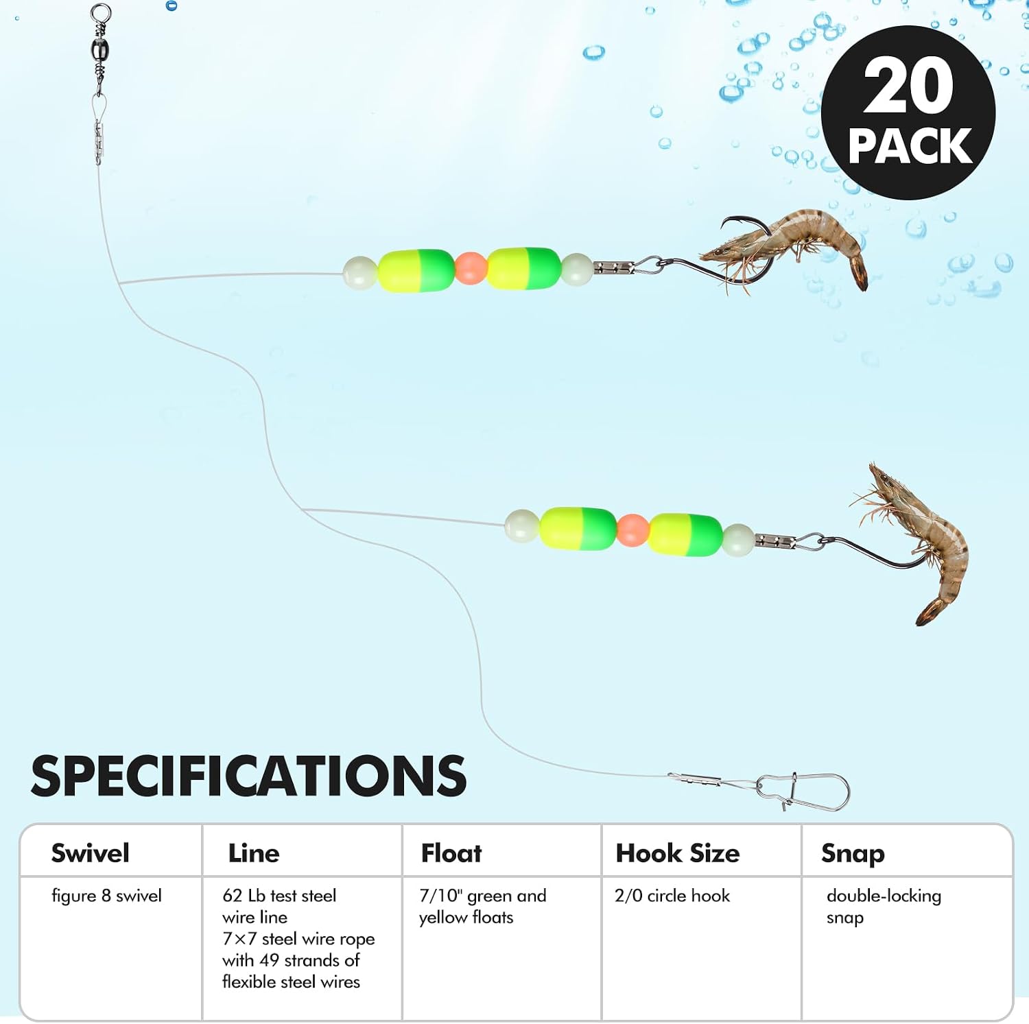 Shappy 20 Pcs Pompano Rigs for Surf Fishing Pre-Rigged Pompano Rig Size 2/0 Fish Hook 7/10 Yellow/Green High-Visibility Float 8-Shaped Swivel Locking Pin Anti-Entanglement for Sea Boat Fishing