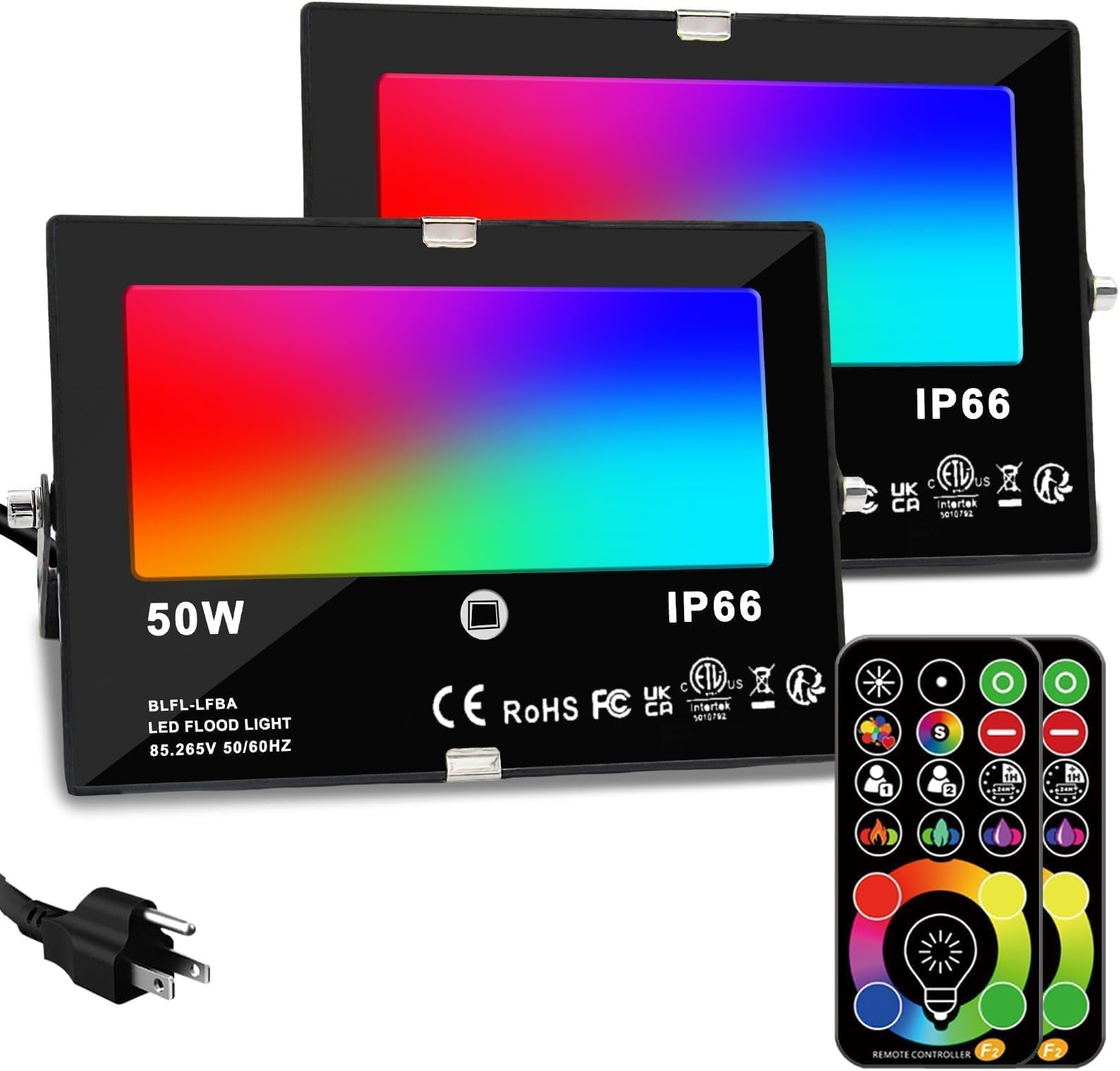 HEKEE LED Flood Light Outdoor, 50W RGB Color Changing Floodlight with Remote Control, RGBW 120 Colors, 2700K, 5000 Lumens, IP66 Waterproof, DIY Strobe Mode, Timing, for Halloween/Christmas (2 Pack)