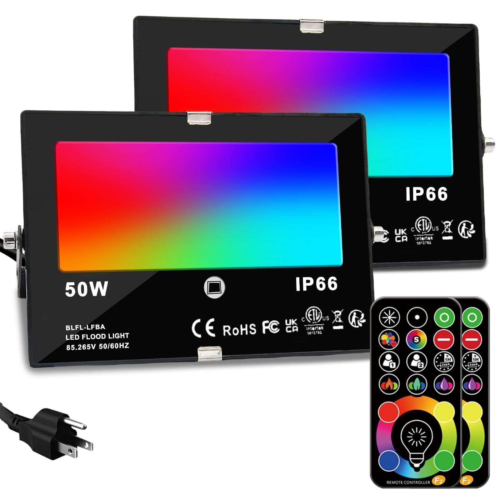 HEKEE LED Flood Light Outdoor, 50W RGB Color Changing Floodlight with Remote Control, RGBW 120 Colors, 2700K, 5000 Lumens, IP66 Waterproof, DIY Strobe Mode, Timing, for Halloween/Christmas (2 Pack)