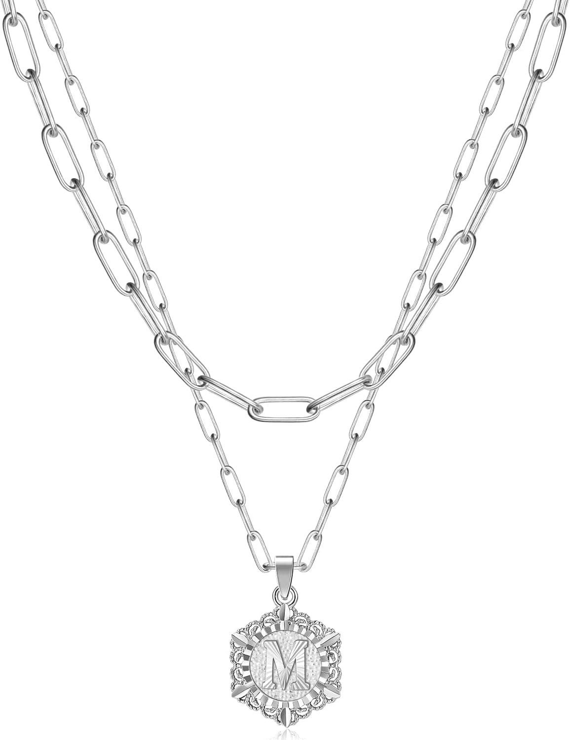 KissYan Layered Initial Necklaces for Women, 14K Gold Plated Hexagon Letter Pendant Silver Chain Dainty Layering White Gold Paperclip Link Adjustable Capital A-Z Choker Necklace Trendy Jewelry Gifts