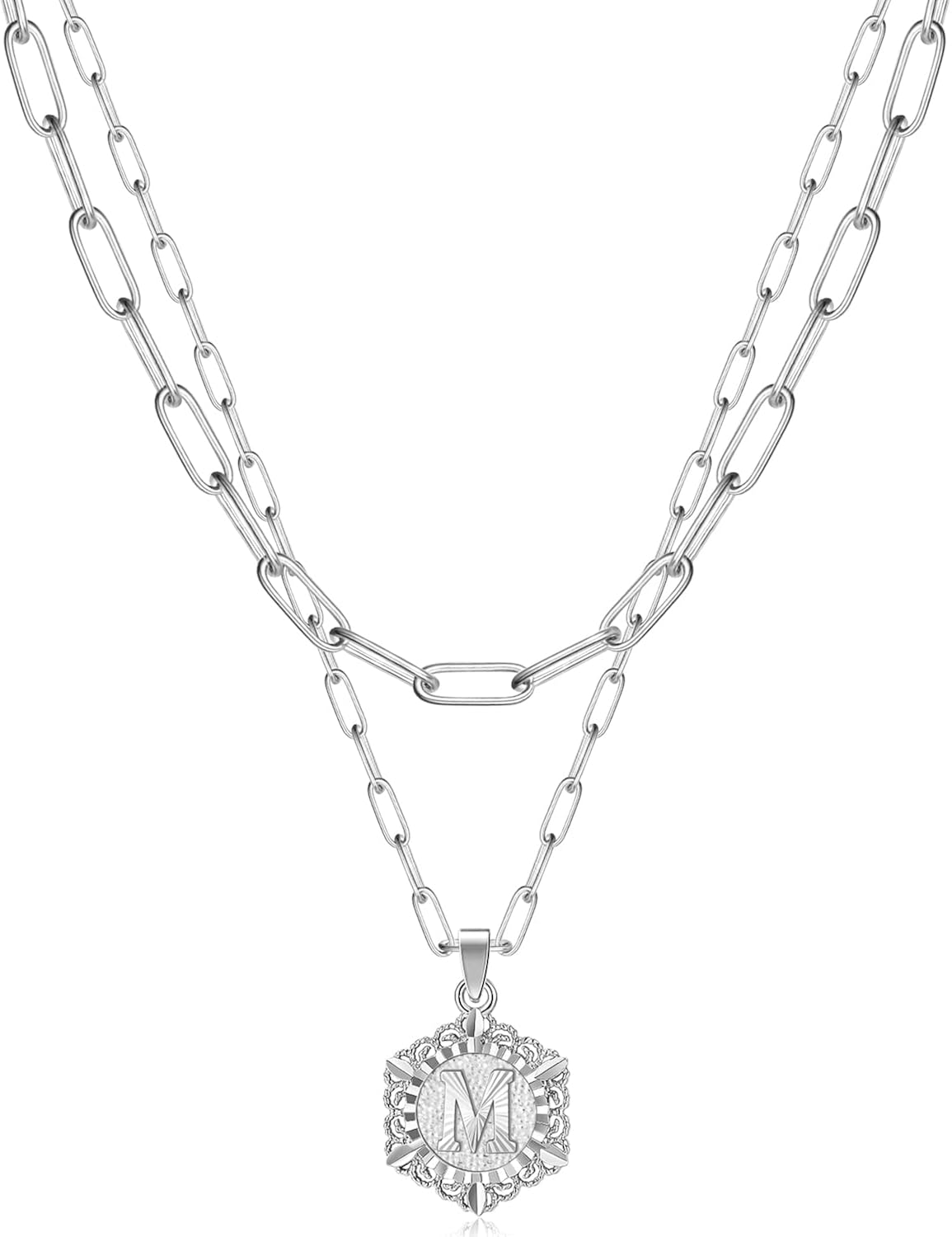 KissYan Initial Necklaces for Women 14K Gold Plated Hexagon Letter Pendant Silver Chain Dainty Layered White Gold Paperclip Link Adjustable Capital A-Z Choker Necklace Trendy Jewelry Gifts