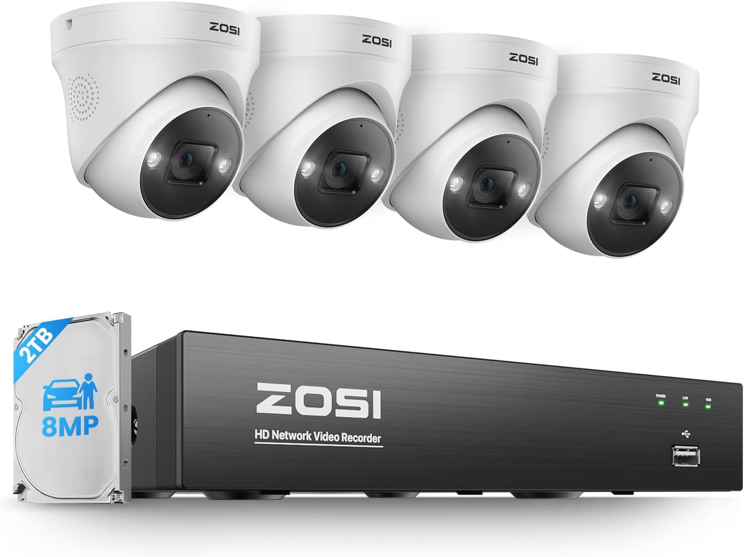 ZOSI 4K PoE CCTV Security Camera System, 4x8MP Person Vehicle Detection PoE IP Cameras Indoor Outdoor, 8 Ports 16CH 4K CCTV System NVR with 2TB HDD,Color Night Vision,Smart Light Siren, 2-Way Audio