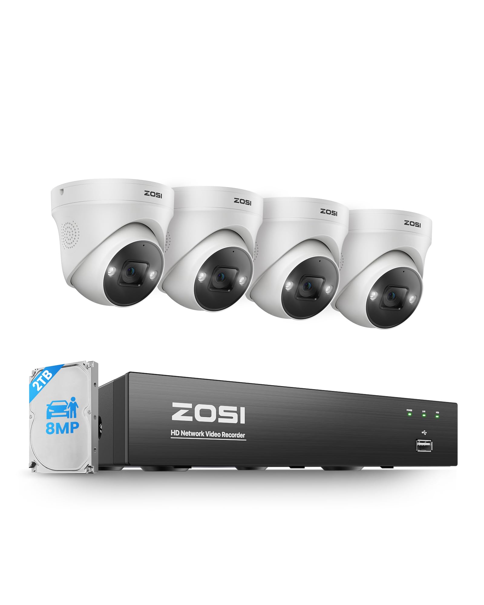 4K PoE CCTV Security Camera System, 4x8MP Person Vehicle Detection PoE IP Cameras Indoor Outdoor, 8 Ports 16CH 4K CCTV System NVR with 2TB HDD,Color Night Vision,Smart Light Siren, 2-Way Audio