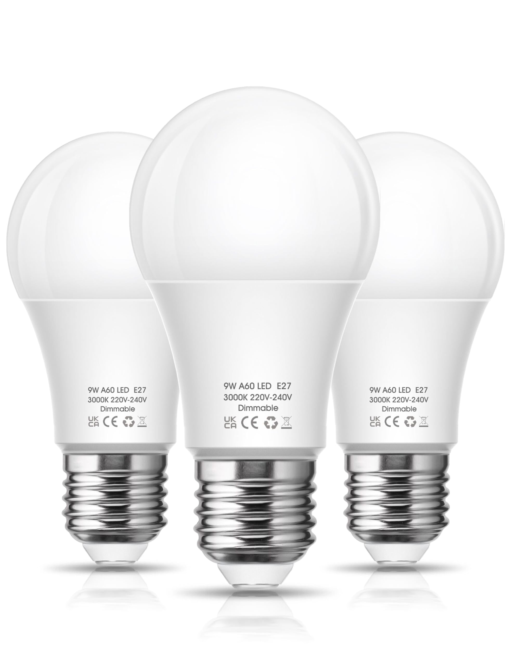 EvaStary Dimmable E27 Screw Bulb, 9W (60W Equivalent) E27 Edison Large Screw Light Bulbs, 3000K Warm White, 800LM A60 Standard Bulbs, Pack of 3