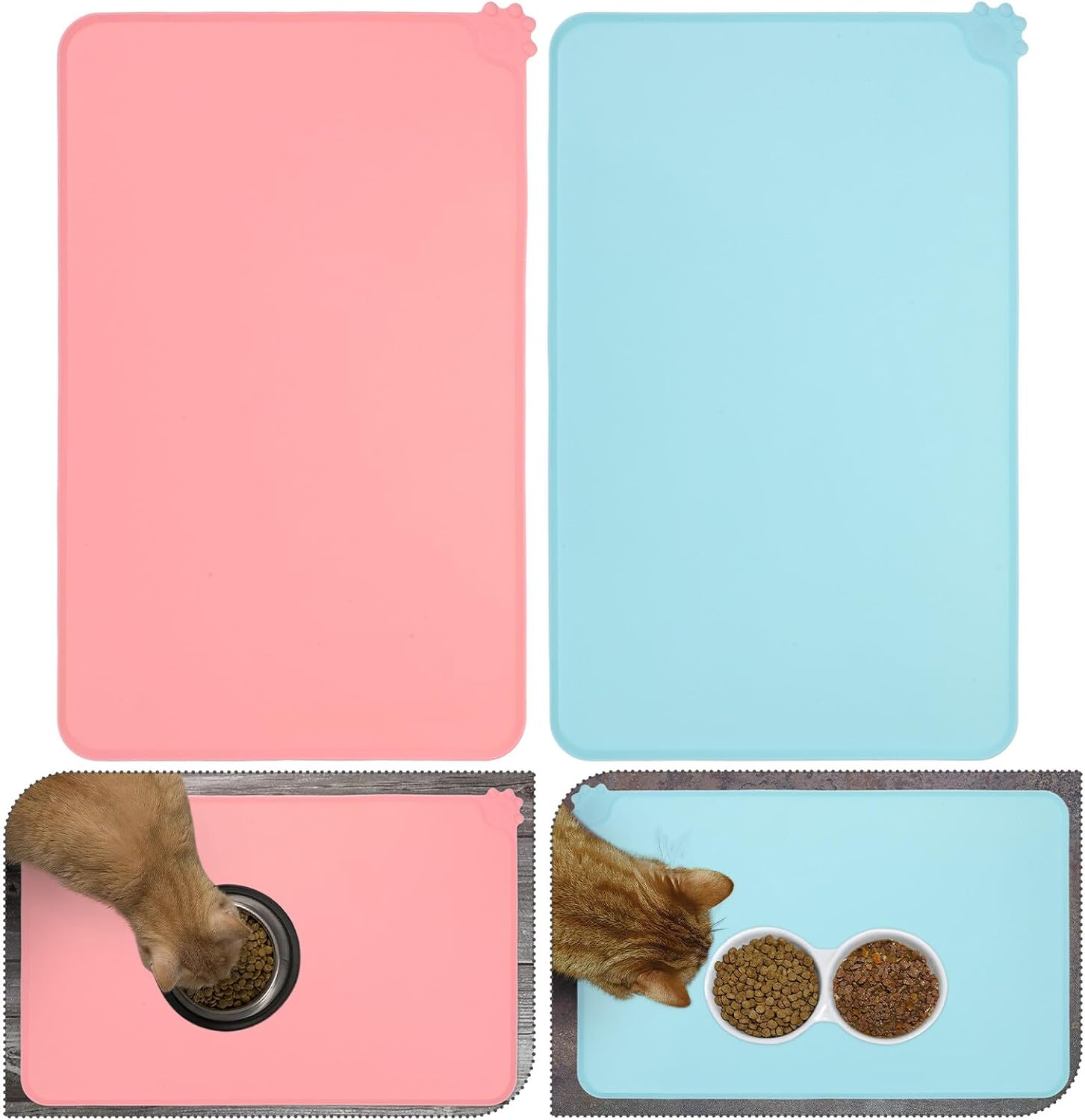 BESTonZON 2pcs Waterproof Non-Slip Silicone Pet Feeding Mats for Cats and Dogs, Thick Pink and Blue Food Pads for Indoor and Outdoor Use