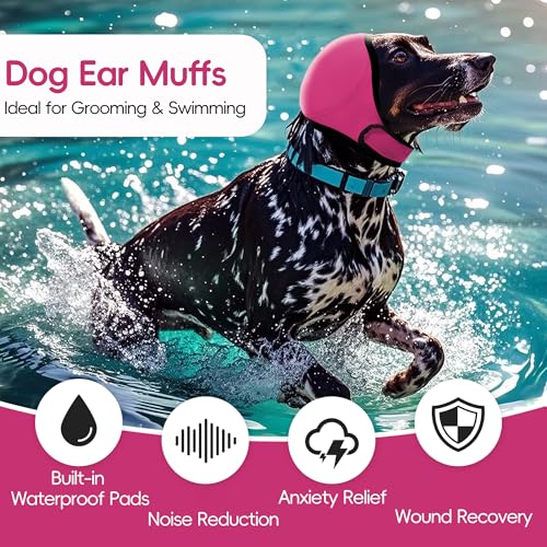 Image of Dog Calm Hoodie Ear Wraps for Dogs, Waterproof Dog Swim Cap, Ear Cover Muffs for Anxiety Relief Noise Cancelling, Dog Head Warp Ear Protection for Hematoma Fireworks Bath Swim Blow Drying(S,Rose Redd)