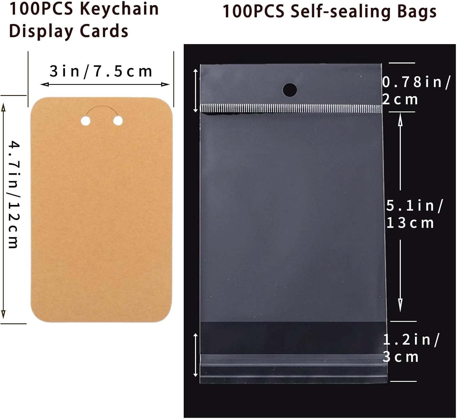 ZABARE 100 Pcs Keychain Display Card, 3'' x 4.7'' Keychain Packaging with Self-Sealing Bags, Keychain Wrapper Cards with Pierced Holes for Displaying Keychains, Bracelet, and Jewelry