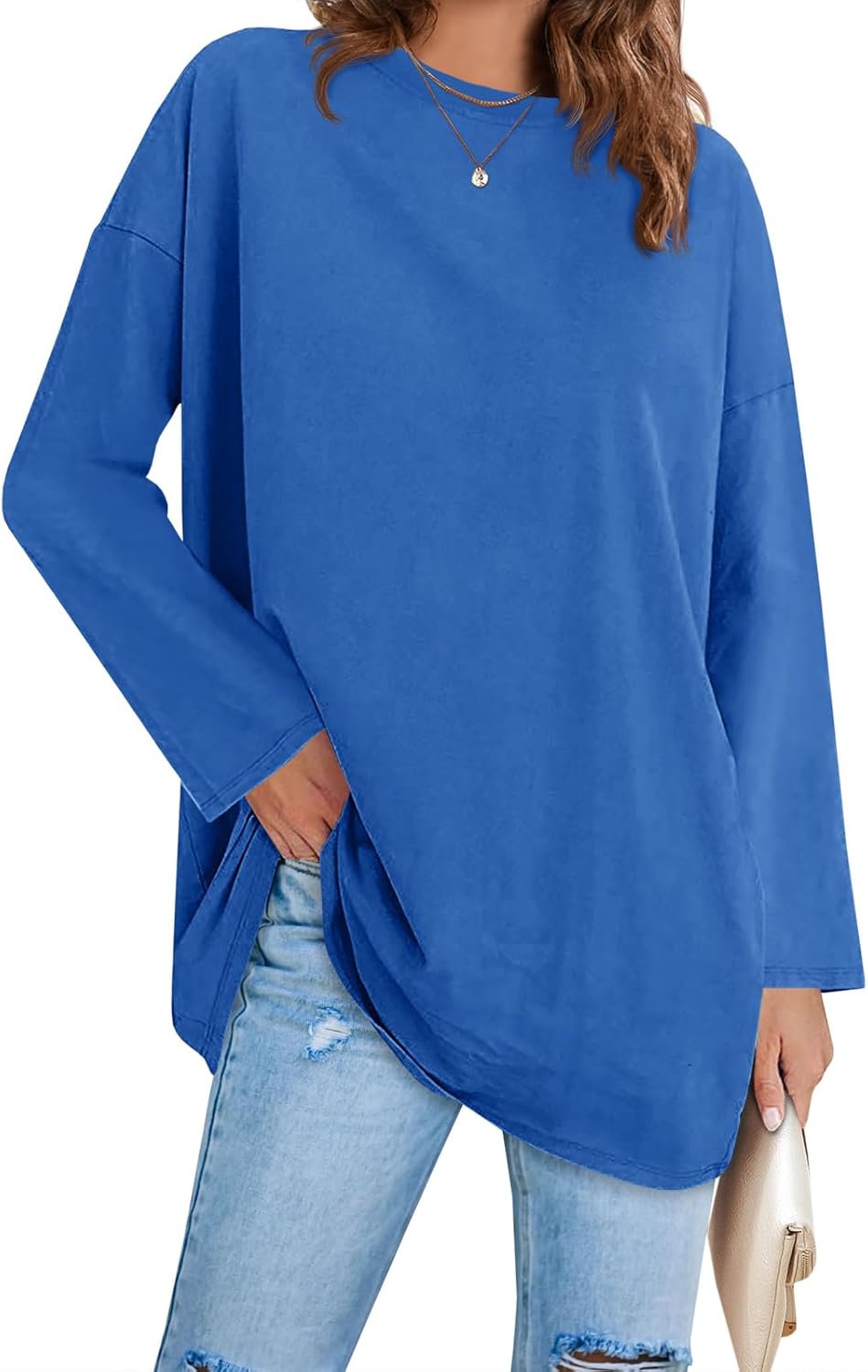 Fisoew Women's Long Sleeve Oversized T Shirts Loose Casual Crewneck Tunic Tops Soft Blouse