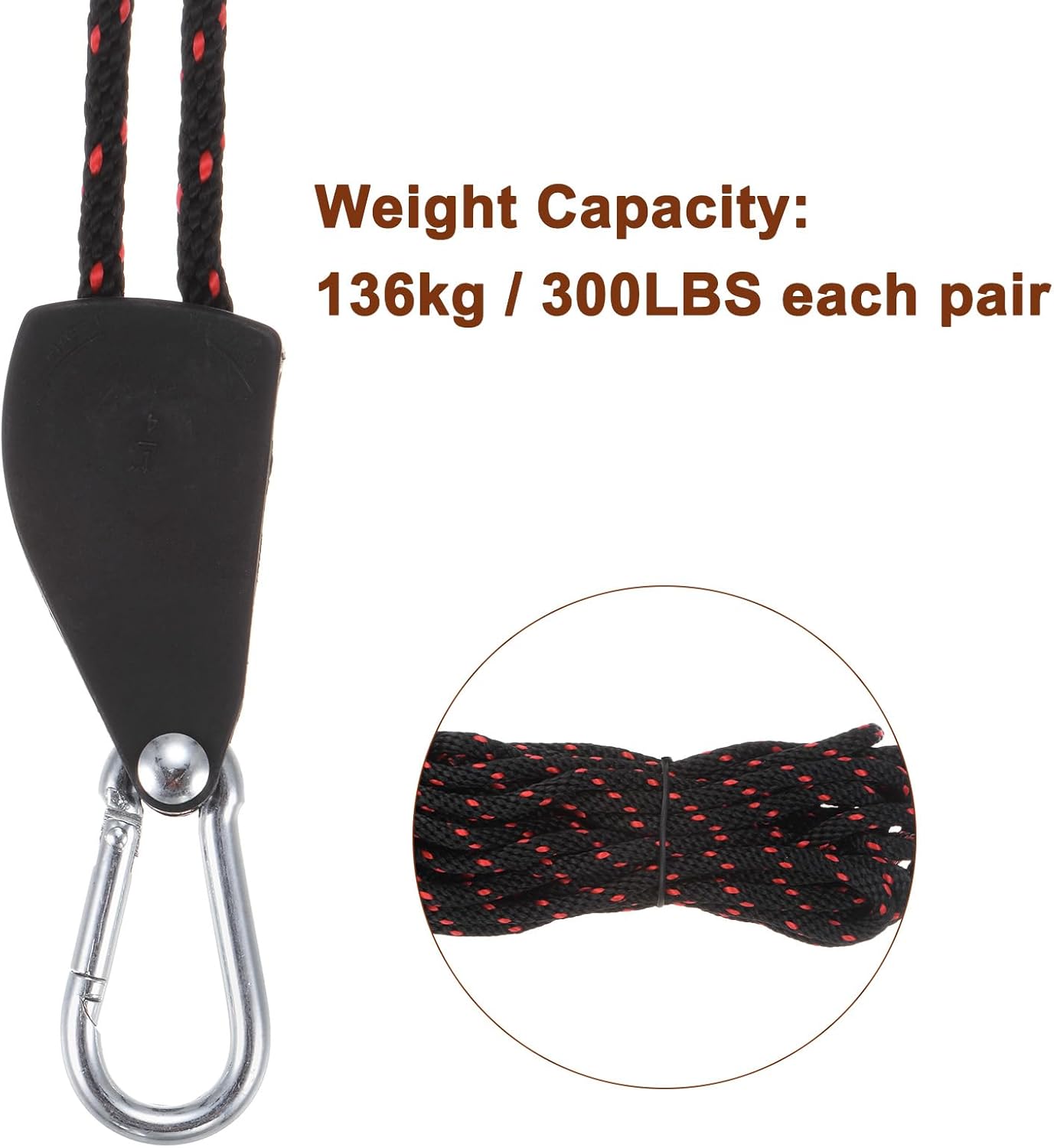 uxcell 2pcs 1/4" (6mm) Adjustable Rope Hanger with Metal Gears 16.4ft (5meter) Strap, Ratcheting Pulley System Bungee Cord for Hanging Plants Grow Light and Various Tie-Down Uses