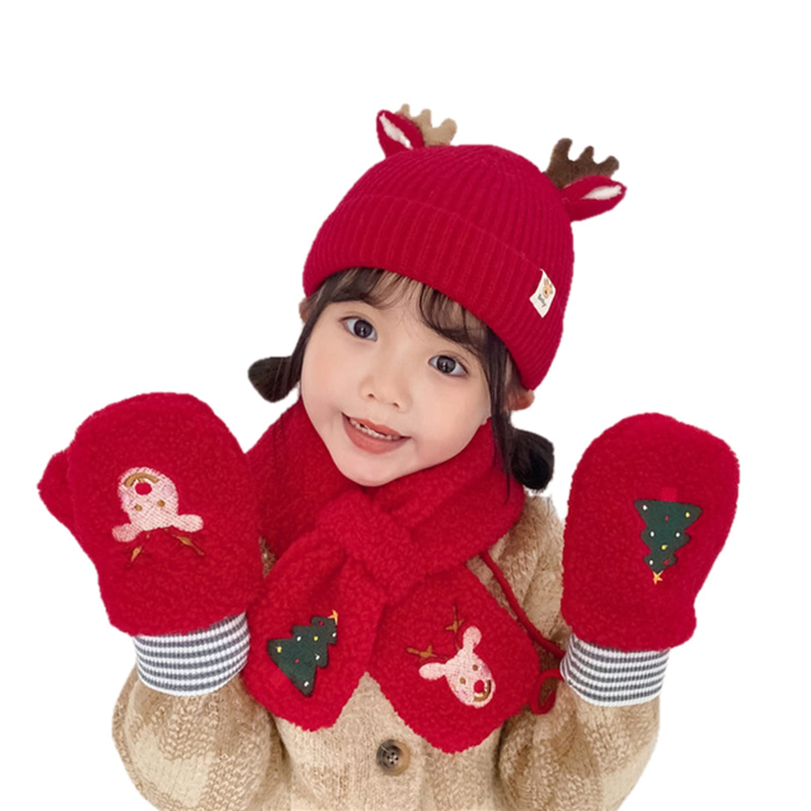 UKKO Beanie Kinder Winterschal Hut Handschuhe 1 Set Weihnachten Und Neujahr Geschenke Jungen Und Mädchen Warme Schals-Red 2 Pcs,3 to 8 Years Old