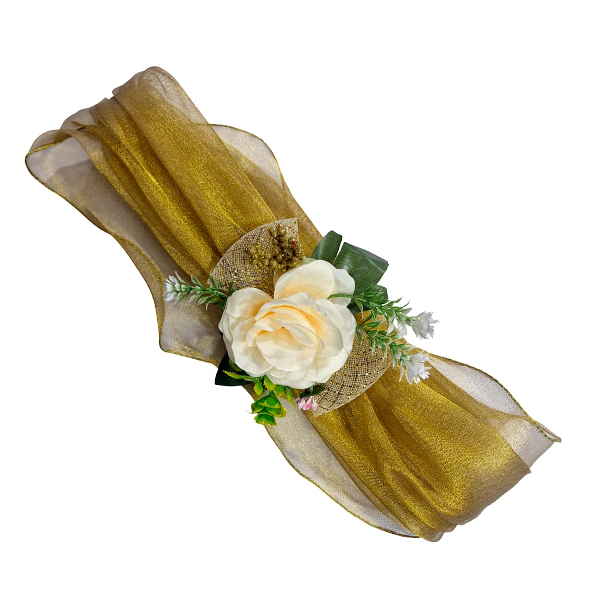 WRAPPING STUDIO One Meter Each Net Band Set of 4 with Artificial Floral Embellishments for Gift Packing, Decoration, Gifting, Trousseau Packing, Hampers (Golden) 2
