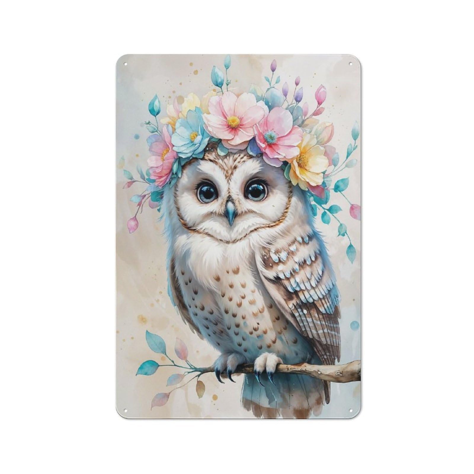 Junmoney Owl With Flower Crown Watercolor Printed Metal Sign 30X20cm For Man Cave Or Games Room, Suited To Man Cave Decor Fans